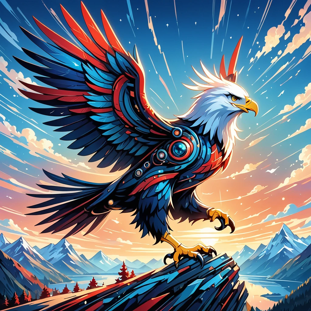 Imagine a majestic eagle in flight, wings spread wide with the rich hues of red and blue adorning its feathers. This symbolizes  and strength, reflected in the bird's confident pose and piercing gaze that radiate determination and liberation. Instead of referencing Jackson Pollock's dynamic brushstrokes, think of the creation of this image as akin to the energetic and expressive style found in some abstract expressionist works of art, produced in the early 20th century. The camera is from a low angle, amplifying the dominant nature of the eagle and magnifying the expansive sky. In the background, a towering mountain range creates a picturesque setting, a symbol of exploration and conquest. This artwork is imbued with nature-inspired symbolism that evokes awe and respect for the planet. The eagle, in this composition, stands as a token of our inherent desire for autonomy and the boundless opportunities that await.