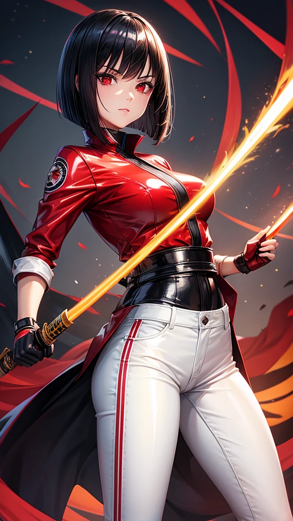 Beautiful young lady ,tight  latex shiny,Black hair bob,red eyes, ninja girl, sexy lady, White pants with red stripes,Samurai Sword,starburst,