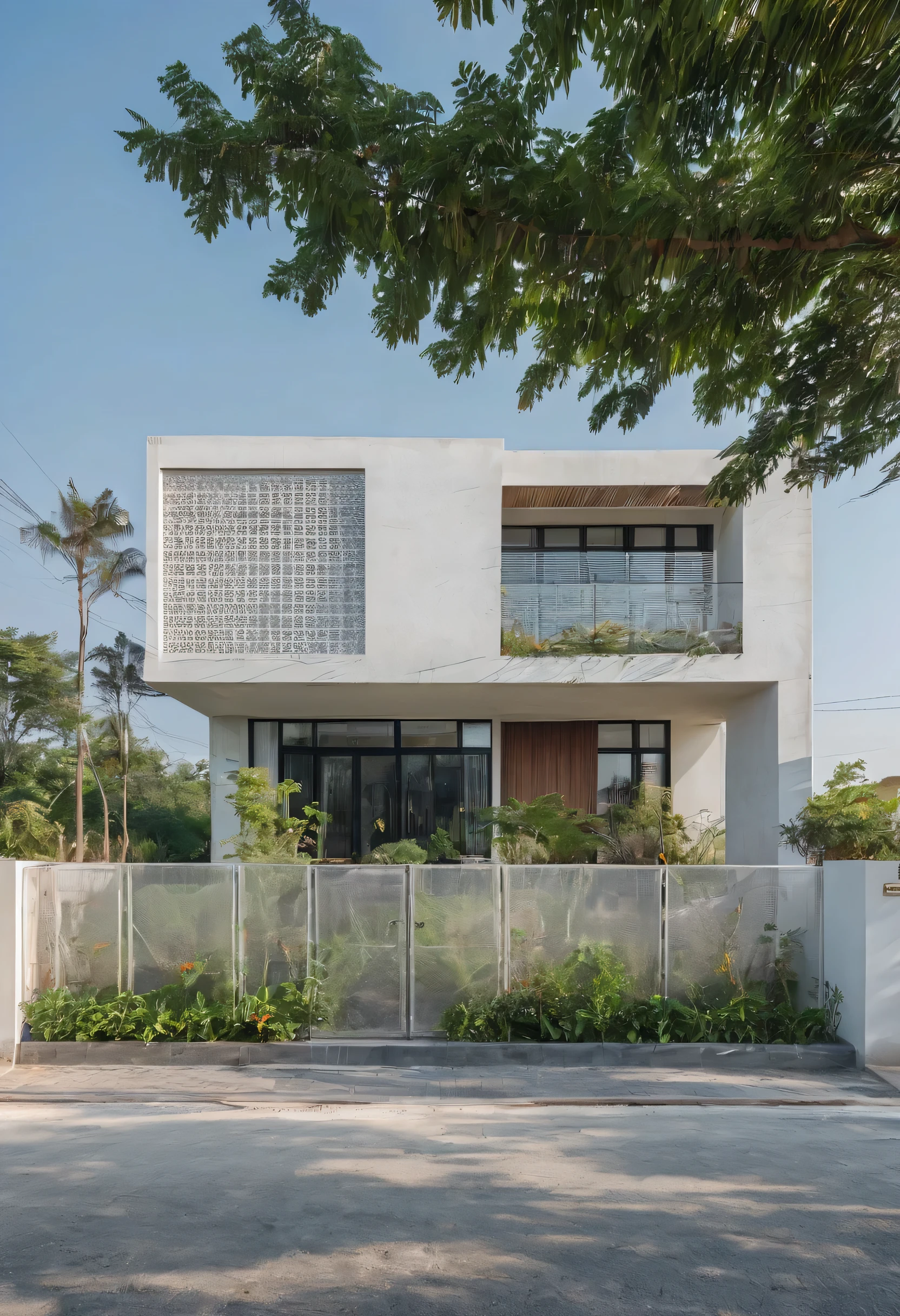 Raw photo,Masterpiece, high quality, best quality, authentic, super detail,
exterior, outdoors,Tuonghoagio,house, modern stytle, on the street,wind flower wall, glass windows, white wall,gate, metal railing
road,pavement, grass, trees, sky, (day:1.1)