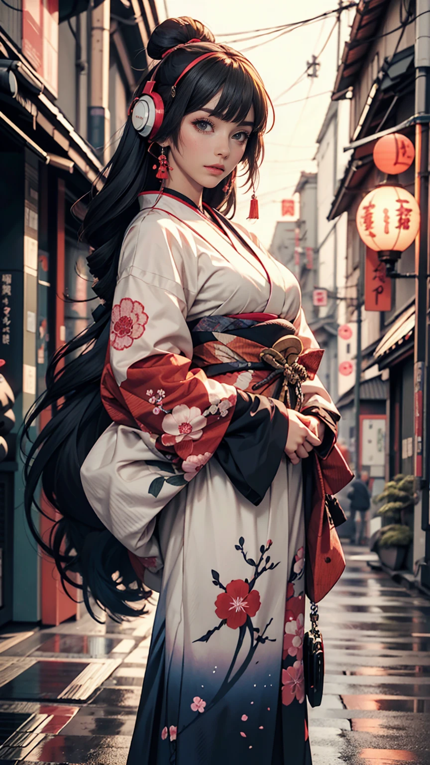 Japanese traditional clothing, Katsushika Hokusai Style, (cyber punk) (neon)、woman、long hair