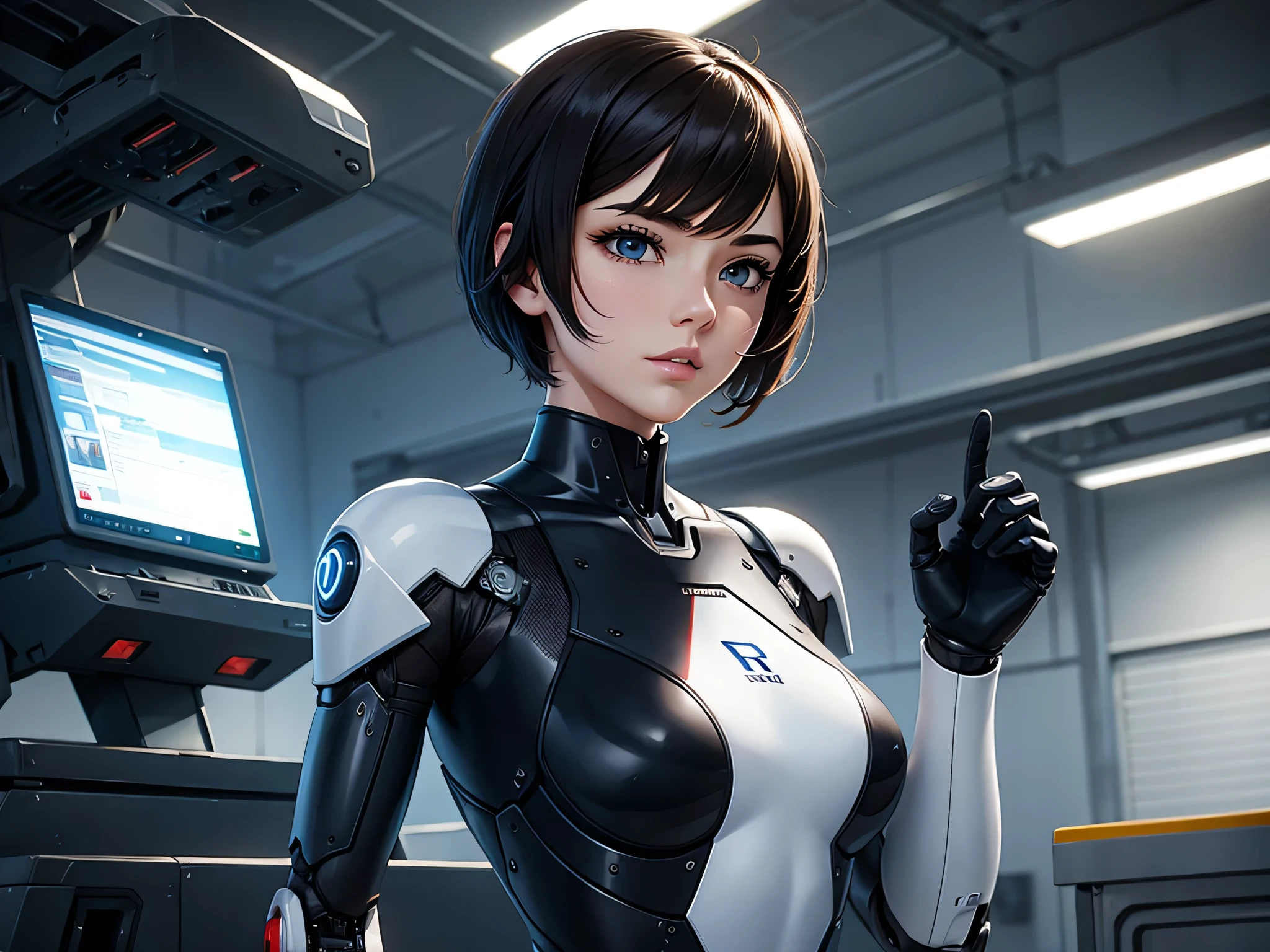 Robot Bionic Man。Female image，in the factory，good body shape，short hair，Close Range