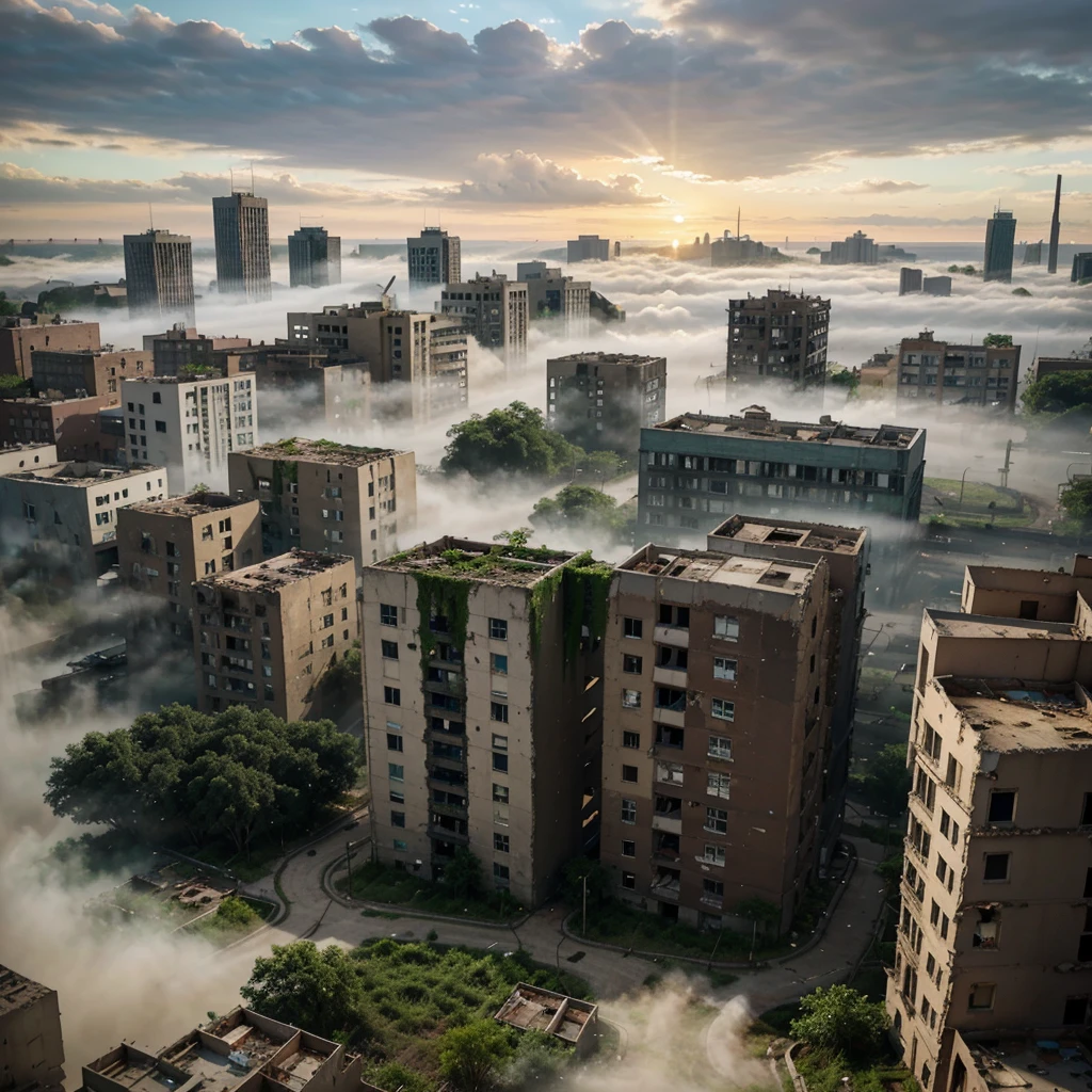 arial view of an abandoned city, buildings destroyed over grown with plants mist covering the streets, best quality, ultra realistic, accurate details, apocalyptic