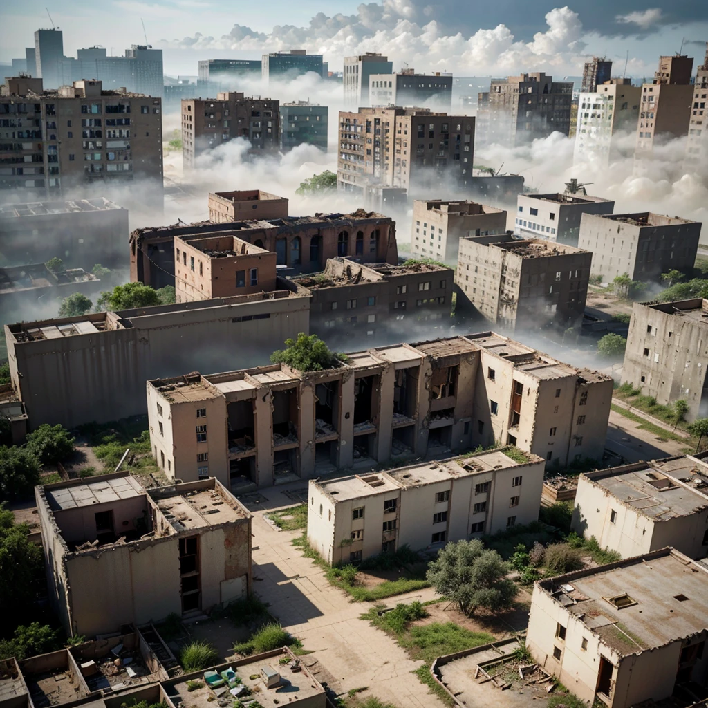 arial view of an abandoned city, buildings destroyed over grown with plants mist covering the streets, best quality, ultra realistic, accurate details, apocalyptic