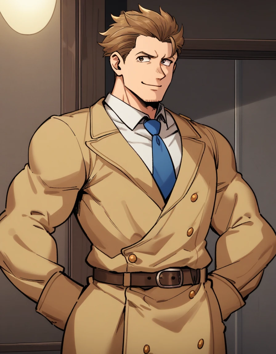 1man, goofy mature detective, ordinary, wavy slicked back spiked hair, yellow-brown hair, shihaku, light-brown eyes, short stubble, Oval-shaped, large eyes, ugly, boned nose, dandy, muscular, solo, upperlegs, white collared_shirt, blue necktie, beige trench_coat, dark worn-out suit, light smile, standing, visual novel, in retro eroge style, 1990s, masterpiece, best quality