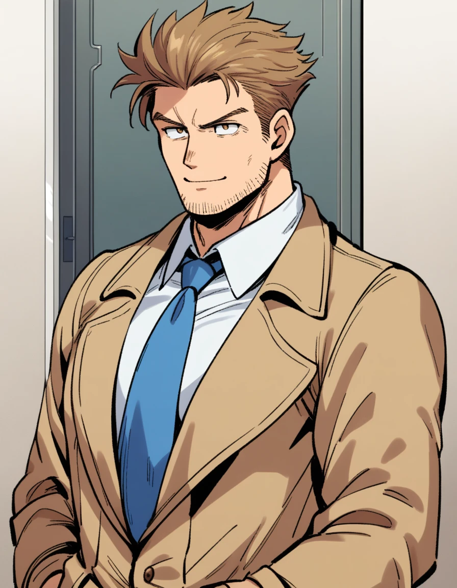 1man, goofy mature detective, ordinary, wavy slicked back spiked hair, yellow-brown hair, shihaku, light-brown eyes, short stubble, Oval-shaped, large eyes, ugly, boned nose, dandy, muscular, solo, upperlegs, white collared_shirt, blue necktie, beige trench_coat, dark worn-out suit, light smile, standing, visual novel, in retro eroge style, 1990s, masterpiece, best quality