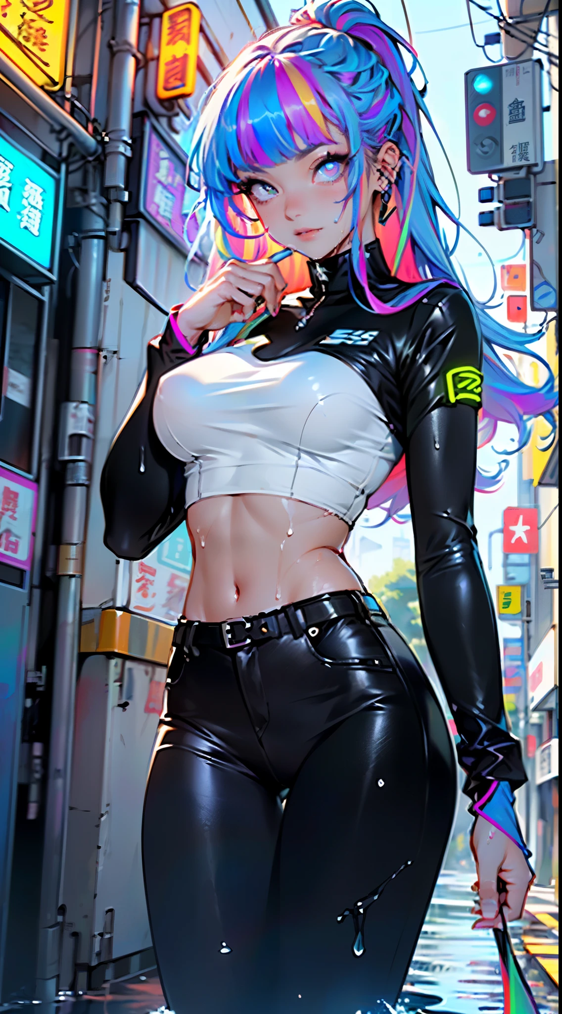 Cyberpunk Girl,(((1 Girl))),((可爱of and beautiful rainbow haired girl)),
(Large Breasts:1.4),下垂of乳房,I,((多彩of_hair:1.3)), ((rainbow hair:1.3)),((hair Bangs:1.3)),((hair with the seven colors of the rainbow:1.3)),((straight hair:1.3)),((Very straight hair,Very_long hair:1.5)),((The beauty of extra-long hair)),((Extra long straight hair)),((Bangs)),(((Neon rainbow eyes:1.3))),複雜of眼睛,美丽细致of眼睛,对称of眼睛,((胖of)),(((Glowing skin:1.5,Bright skin: 1.5,dark tanned skin,有光泽of皮肤,Very 有光泽of皮肤,闪亮of身体,Plastic Glitter Leather,exaggerated 有光泽of皮肤,Skin glow,Wet Legs))),(Lower abdomen,Willow Waist,Wide hips,Athlete's physique,Inflatable legs,詳細of身體,(细致of脸部)),
可爱of,debauchery,of,((National Foundation)),
white pilot suit,White web set,absurd,Long legs,cleveage,(((Wet clothes,复杂of服装,复杂of衣服))),
(被催眠of pose:1.0),被催眠of,(Center,Scale to Fit,Rule of Thirds),
夜晚of海边赛博朋克城市, 有明亮of霓虹灯和乌云和水坑, landscape:1.25,
艺术photography,(photography:sldr),high resolution, Clear focus, (Super detailed, Extremely detailed), (写实of艺术作品:1.37),(Extremely detailed CG unity 8k wallpaper),((Synthwave Background Theme)),(((鲜艳of色彩))),(错综复杂of背景),(masterpiece),(最好of质量),