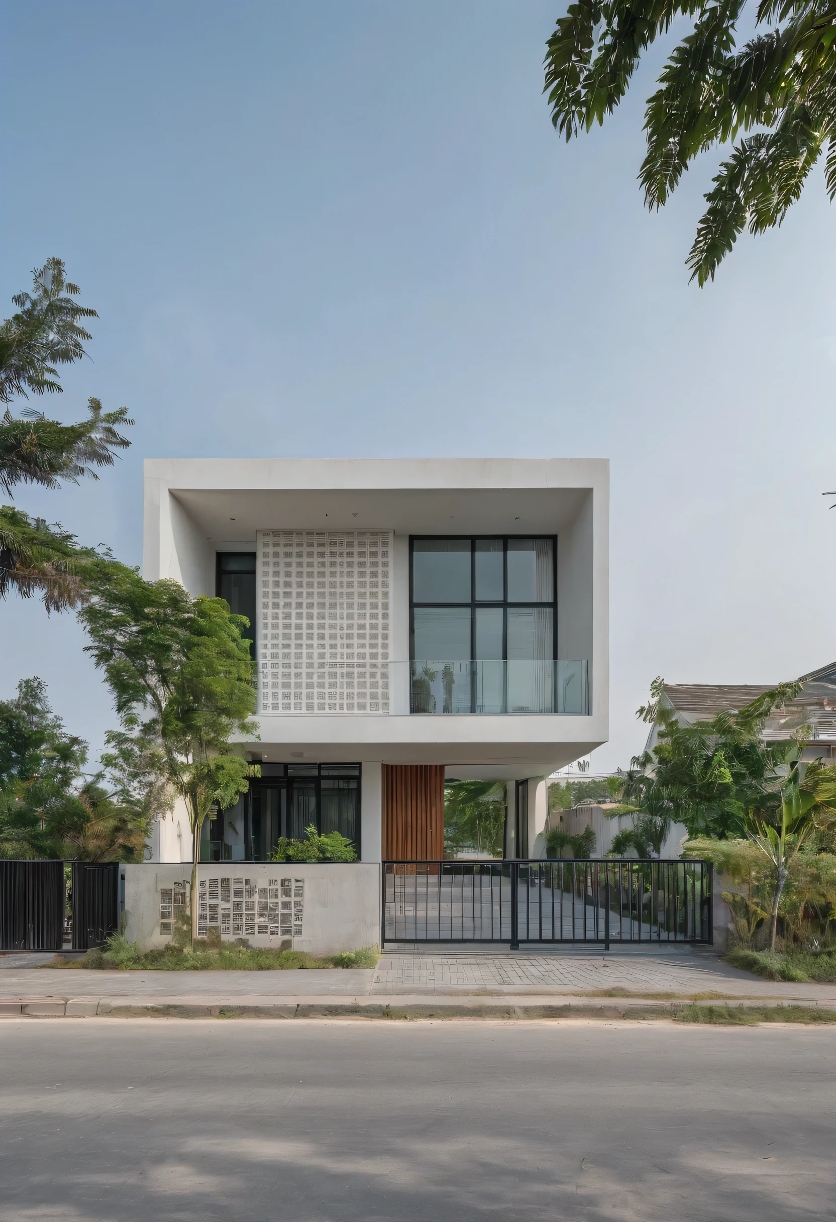 Raw photo,Masterpiece, high quality, best quality, authentic, super detail,
exterior, outdoors,Tuonghoagio,house, modern stytle, on the street,wind flower wall, glass windows, white wall,gate, metal railing
road,pavement, grass, trees, sky, (day:1.1)