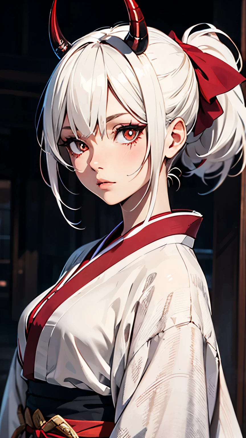 Ghost girl,Red double horn,Single ponytail,White hair,Red pupils,Red Eyeshadow,kimono,Sword,whole body,high resolution,Perfect face,detailed,best quality,masterpiece