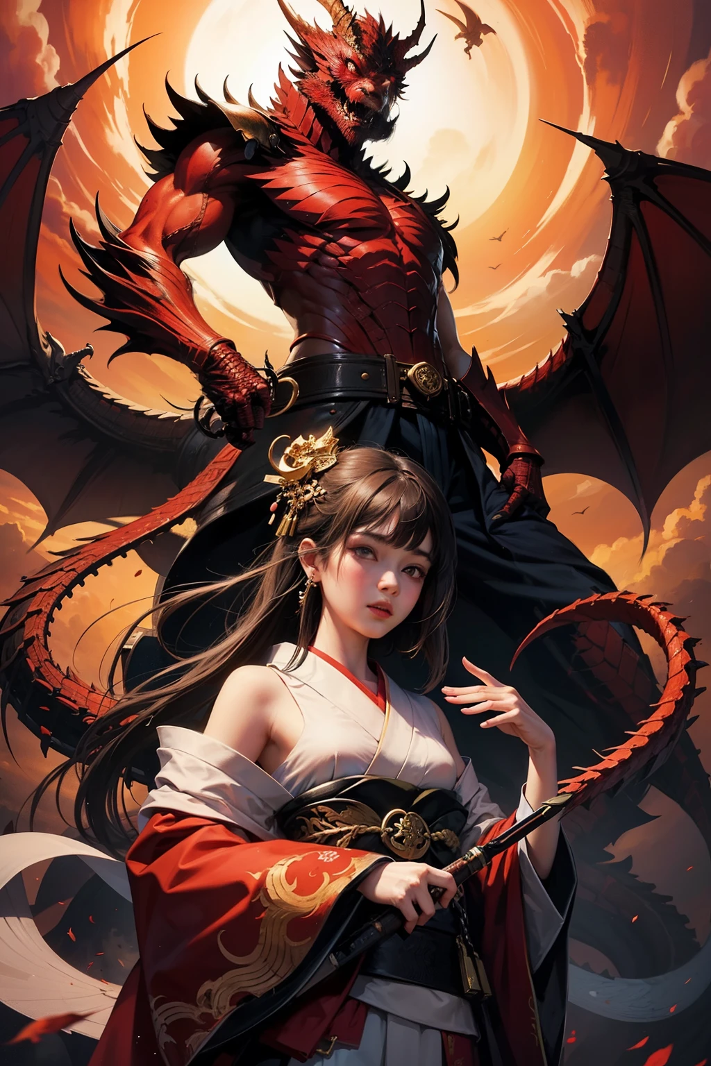 the red dragon flying in the sky and there's a girl wearing kimono front of the dragon
