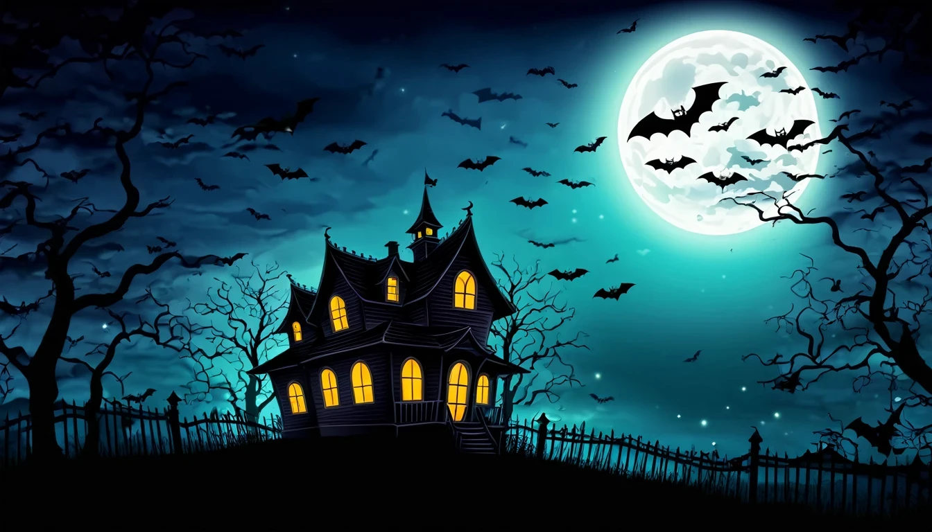 Halloween night with a spooky house and bats, halloween background.