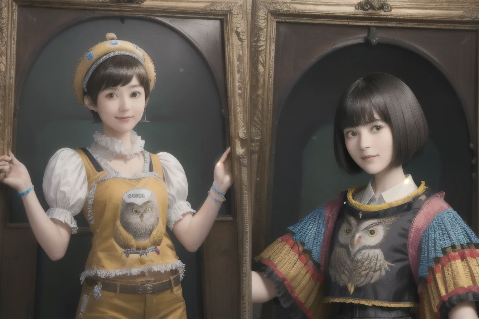 224 Short Hair, 20-year-old woman, A kind smile, (There are also colorful owls), (Rembrandt-style painting), ((machinery suit,Clothes with short sleeves)),I can see your abs