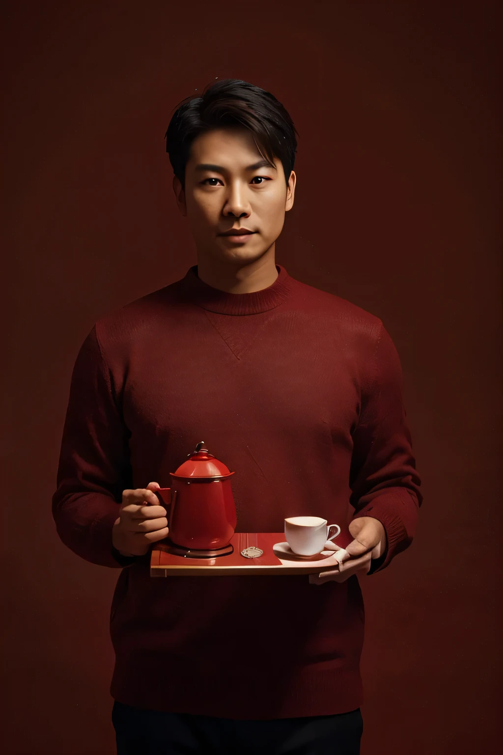 A faceless Asian man in a sweater holds a red tea gift box,Red background,Lantern with blur in the foreground,Large aperture,Simple and stylish,clean,Half-length photo