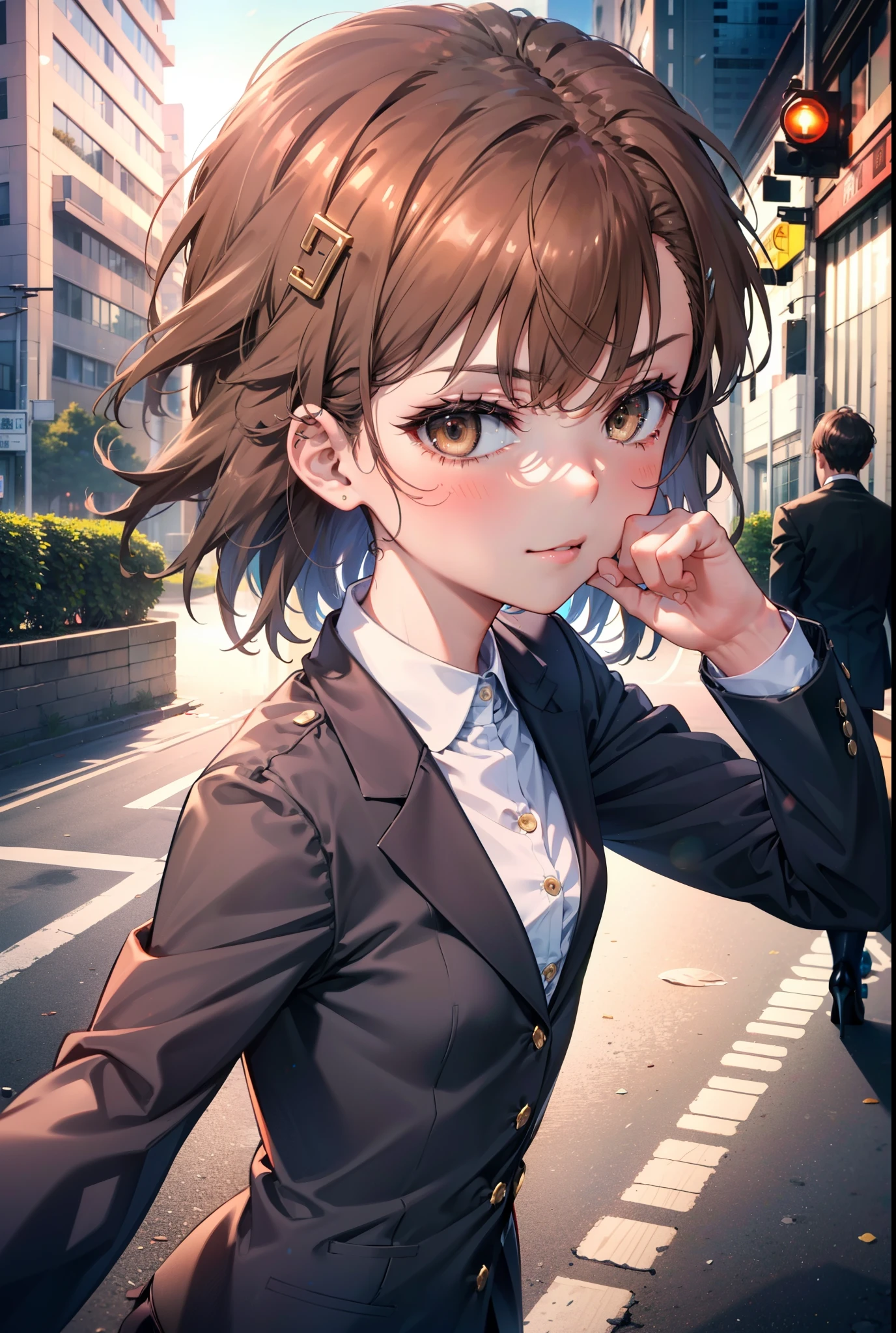 8k,highest quality,masterpiece,(((Pixel Perfect, Perfect in every detail))), 一peopleで, 女の子1people, ,Mycotrose, Brown eyes,Brown Hair,short hair,blush,happy smile, smile, Open your mouth,OL, Black suit jacket, Collared jacket, White dress shirt, Collared shirt, Neckline, button, Black pencil skirt, Black pantyhose,Stiletto heels,sunset,evening,The sun goes down,walking,whole bodyがイラストに入るように,
break outdoors, Building district,crowd, people々々々々,
break looking at viewer, whole body,
break (masterpiece:1.2), highest quality, High resolution, unity 8k wallpaper, (shape:0.8), (Beautiful details:1.6), Highly detailed face, Perfect lighting, Extremely detailed CG, (Perfect hands, Perfect Anatomy),