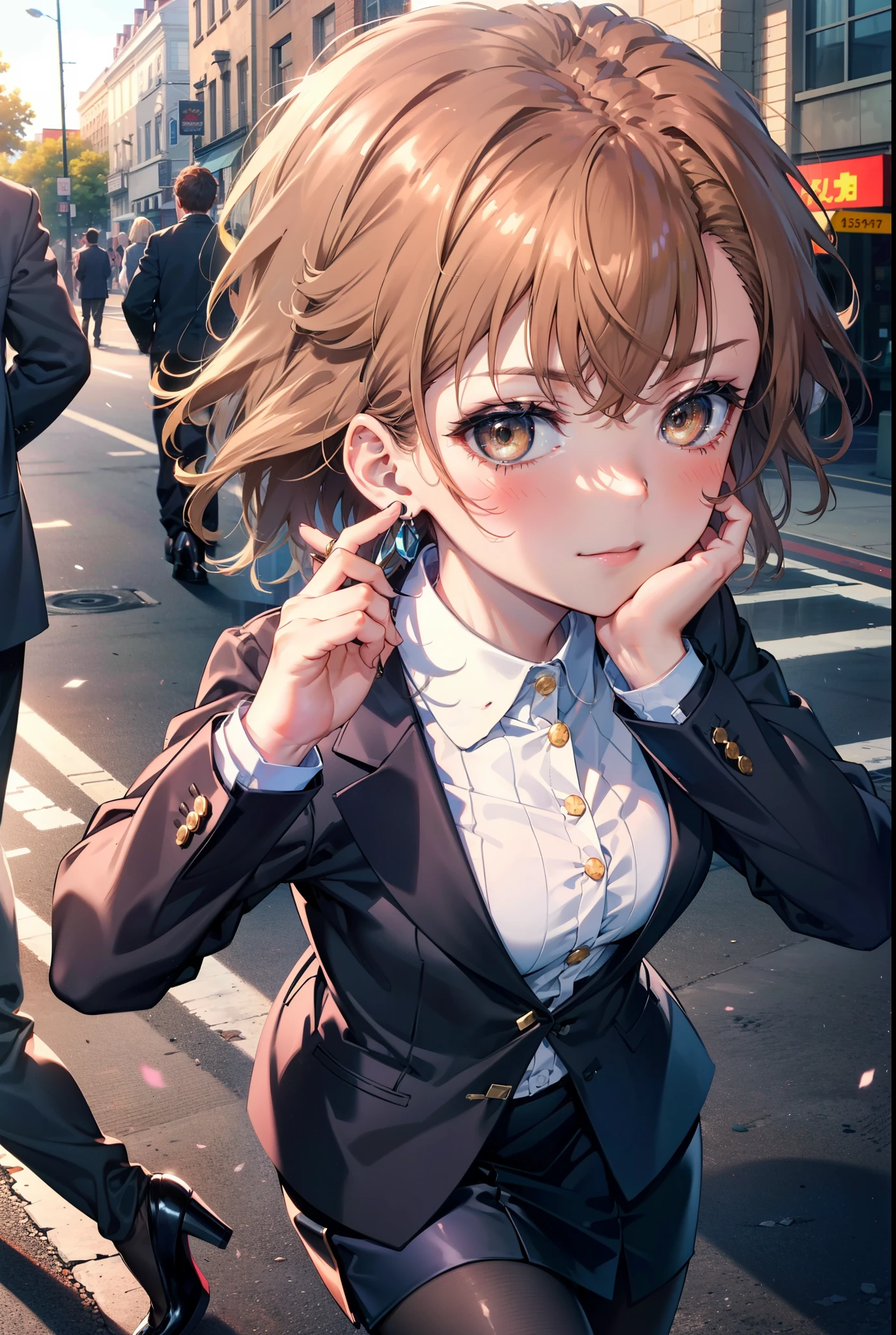 8k,highest quality,masterpiece,(((Pixel Perfect, Perfect in every detail))), 一peopleで, 1people, ,Mycotrose, Brown eyes,Brown Hair,short hair,blush,happy smile, smile, Open your mouth,OL, Black suit jacket, Collared jacket, White dress shirt, Collared shirt, Neckline, button, Black pencil skirt, Black pantyhose,Stiletto heels,sunset,evening,The sun goes down,walking,whole bodyがイラストに入るように,
break outdoors, Building district,crowd, people々々々々,
break looking at viewer, whole body, 
break (masterpiece:1.2), highest quality, High resolution, unity 8k wallpaper, (shape:0.8), (Beautiful details:1.6), Highly detailed face, Perfect lighting, Extremely detailed CG, (Perfect hands, Perfect Anatomy),