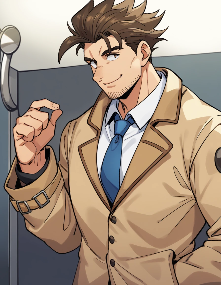 1man, goofy mature detective, ordinary, wavy slicked back spiked hair, yellow-brown hair, shihaku, light-brown eyes, short stubble, Oval-shaped, large eyes, ugly, boned nose, dandy, muscular, solo, upperlegs, white collared_shirt, blue necktie, beige trench_coat, dark worn-out suit, light smile, standing, visual novel, 1990s, masterpiece, best quality