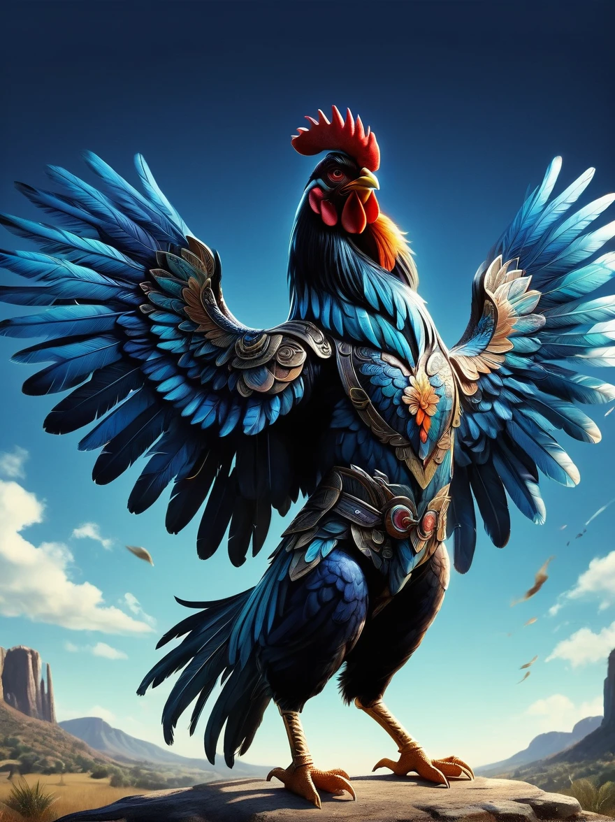 (personification:1.5)，(Vision:1.5)，(whole body)，(Animated image of a rooster holding two pistols)，The rooster shows a fearless expression，Wings hold the pistol tightly，Its feathers are vibrant multi-colored hues，The pistol is black and silver，The background is a simple and rustic rural environment，Rolling hills and clear blue skies