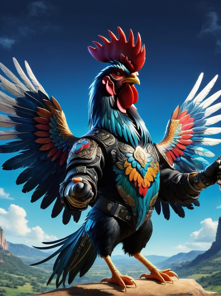 (personification:1.5)，(Vision:1.5)，(whole body)，(Animated image of a rooster holding two pistols)，The rooster shows a fearless expression，Wings hold the pistol tightly，Its feathers are vibrant multi-colored hues，The pistol is black and silver，The background is a simple and rustic rural environment，Rolling hills and clear blue skies