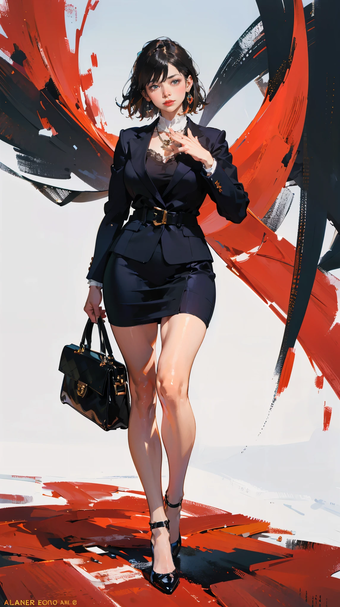 (best quality,4k,8k,highres,masterpiece:1.2), ultra-detailed,(realistic,photorealistic,photo-realistic:1.37), 1 female, age 34. Known for her vivacious personality and strong sense of responsibility, Yumi embodies the role of a dynamic and captivating single mother and manager at an upscale hostess club. Her body language is as commanding as her looks, always exuding confidence and charm. (((She's wearing a sophisticated Gucci dress in a bold red color that highlights her slender yet curvaceous physique, perfectly embodying the balance between luxury and functionality. The dress is paired with a chic black blazer))). (((She enhances her look with black stockings and sky-high Alexander McQueen heels))), carrying her ensemble with an air of unapologetic confidence. Her accessories include a Chanel pendant necklace that rests just above her chest. ((intricate detail)), super finely detailed hands, ultra finely detailed fingers(((ten fingers))), (standing confidently), (full body showcase), (show full body), (no logos on background), (no logo).