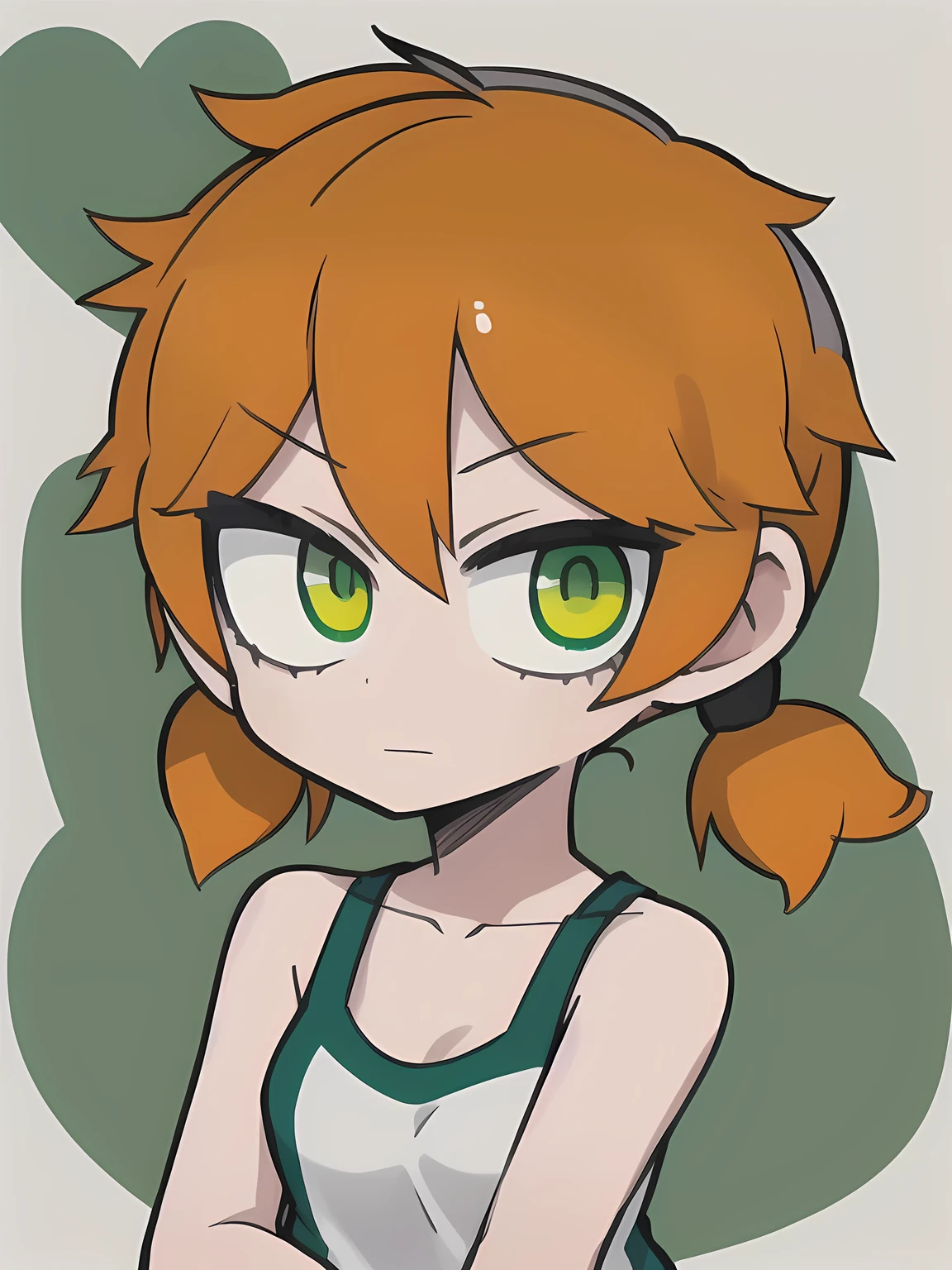 1girl,solo,upper body,looking at viewer,facing viewer,(((short low twintails))),orange curly hair,(((green eyes))),white tanktop