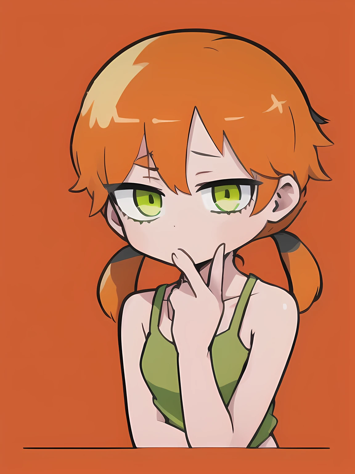 1girl,solo,upper body,looking at viewer,facing viewer,(((short low twintails))),orange curly hair,(((green eyes))),white tanktop
