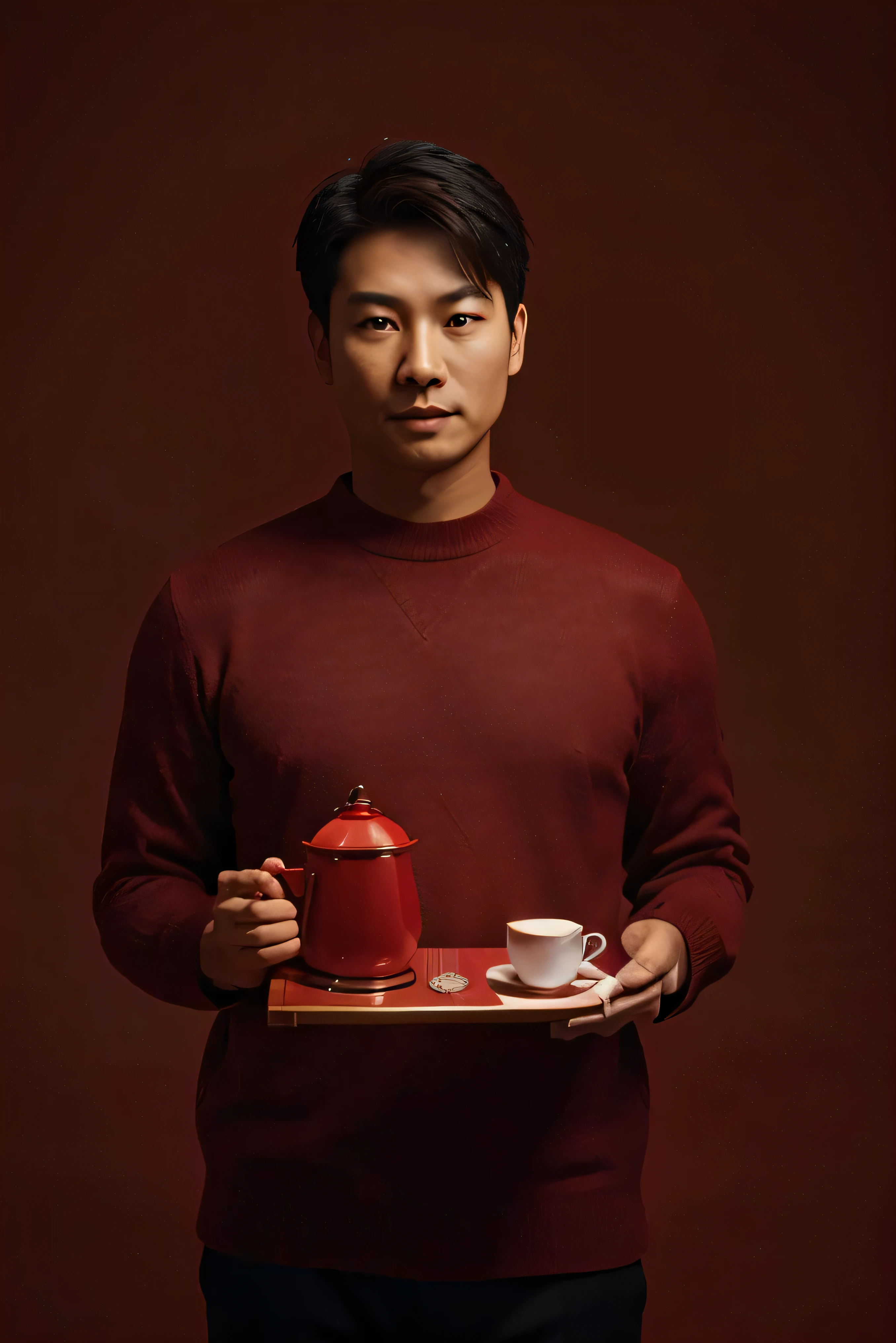 A faceless Asian man in a sweater holds a red tea gift box,Red background,Lantern with blur in the foreground,Large aperture,Simple and stylish,clean,Half-length photo