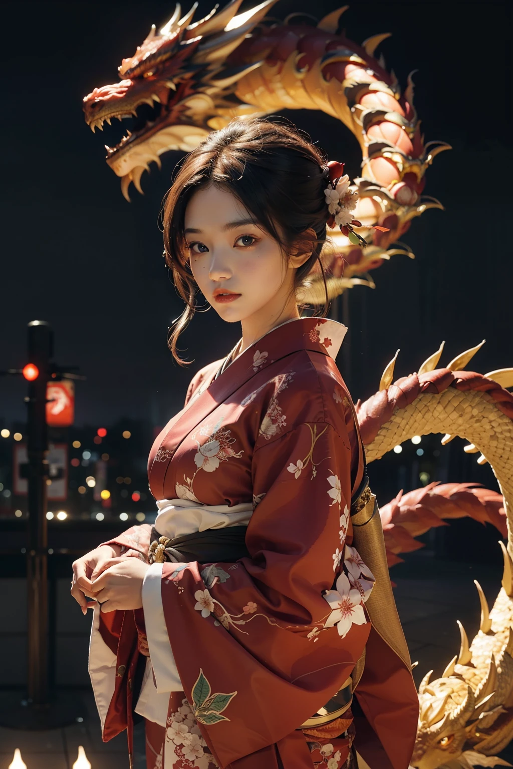 the red dragon flying in the sky and there's a girl wearing kimono front of the dragon fight at tokyo city