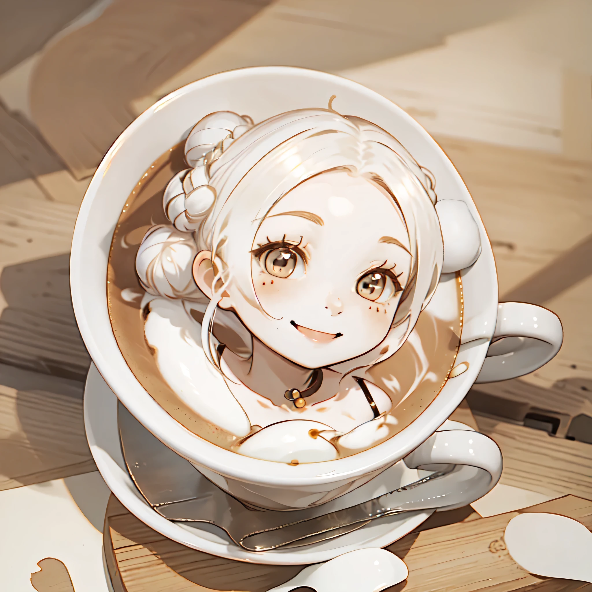 (((Very detailed))), high quality, masterpiece, beautiful, coffee, Latte, (((LatteArt))), (((Food art))),One girl, human,  (Hair Ribbon:0.4),(((White bun hair))),Long Hair,Hair between the eyes,smile  