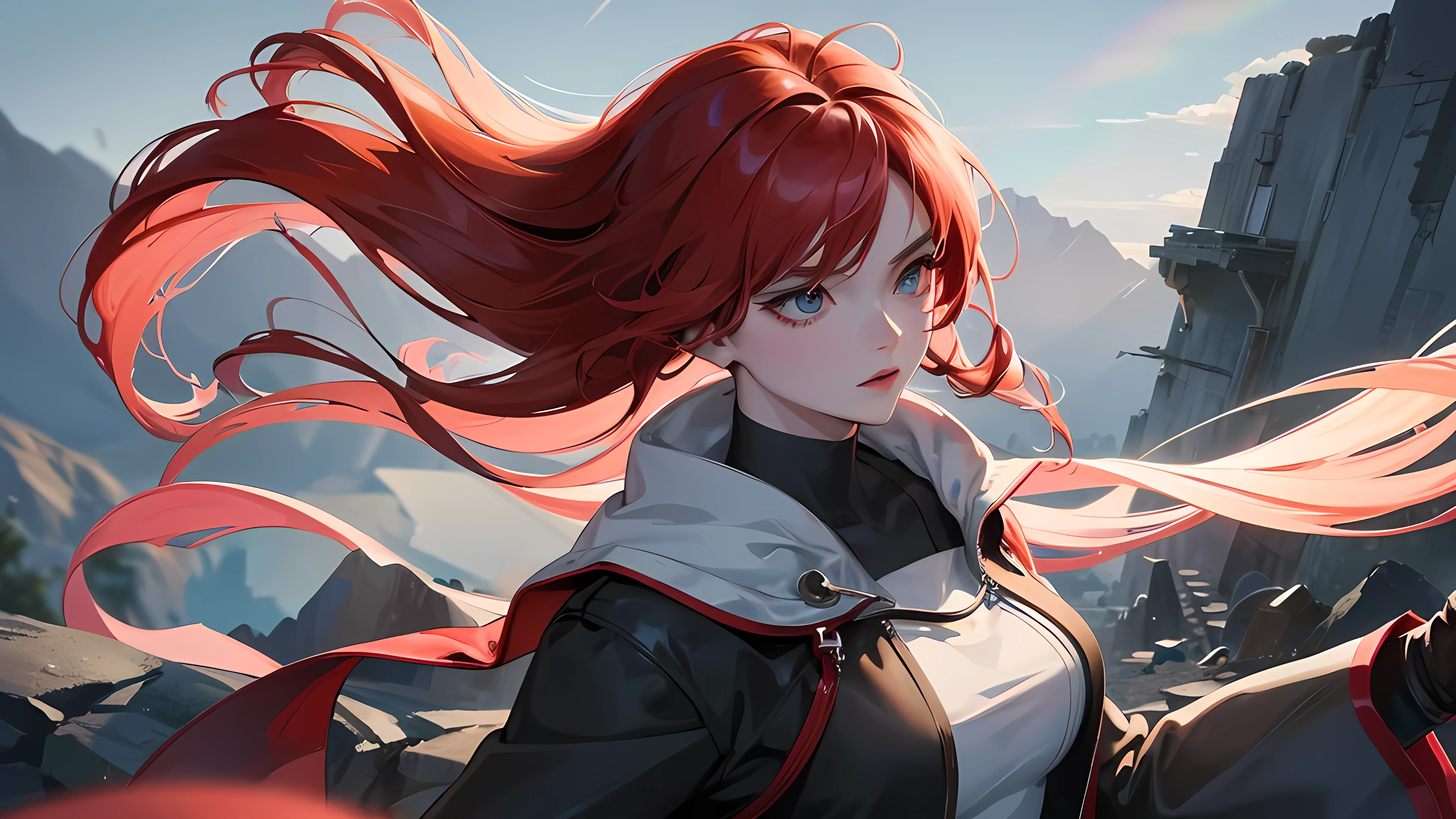(best quality,4k,8k,highres,masterpiece:1.2),ultra-detailed,realistic,anime,(solo,1.1) anime girl with red hair,holding a reaper sword,mountain background,vivid colors,detailed eyes,detailed lips,longeyelashes,flowing hair,strong and confident expression,dynamic pose,dark and intense lighting,towering mountains in the background,soft sunlight casting shadows,anime-style rendering,subtle color grading,crisp edges,surreal atmosphere,ethereal glow,subtle fog,atmospheric perspective