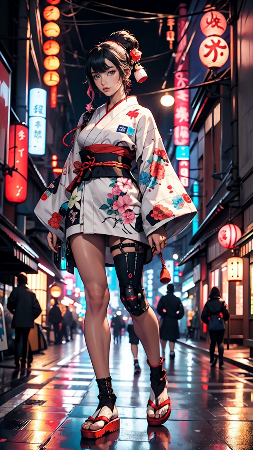 Japanese traditional clothing, Katsushika Hokusai Style, (cyber punk) (neon)、Mature Woman