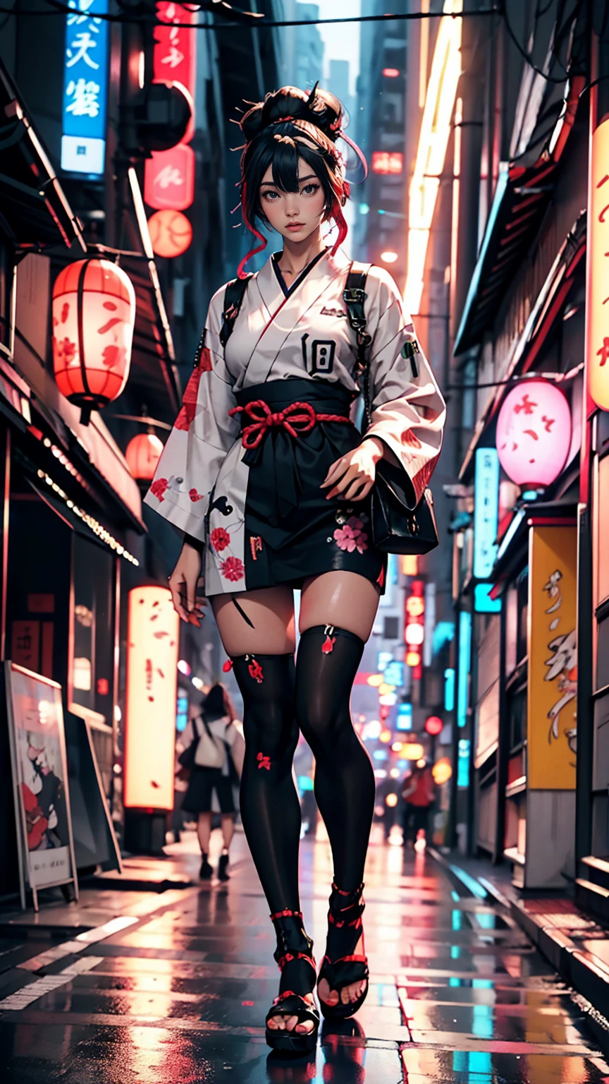Japanese traditional clothing, Katsushika Hokusai Style, (cyber punk) (neon)、Mature Woman