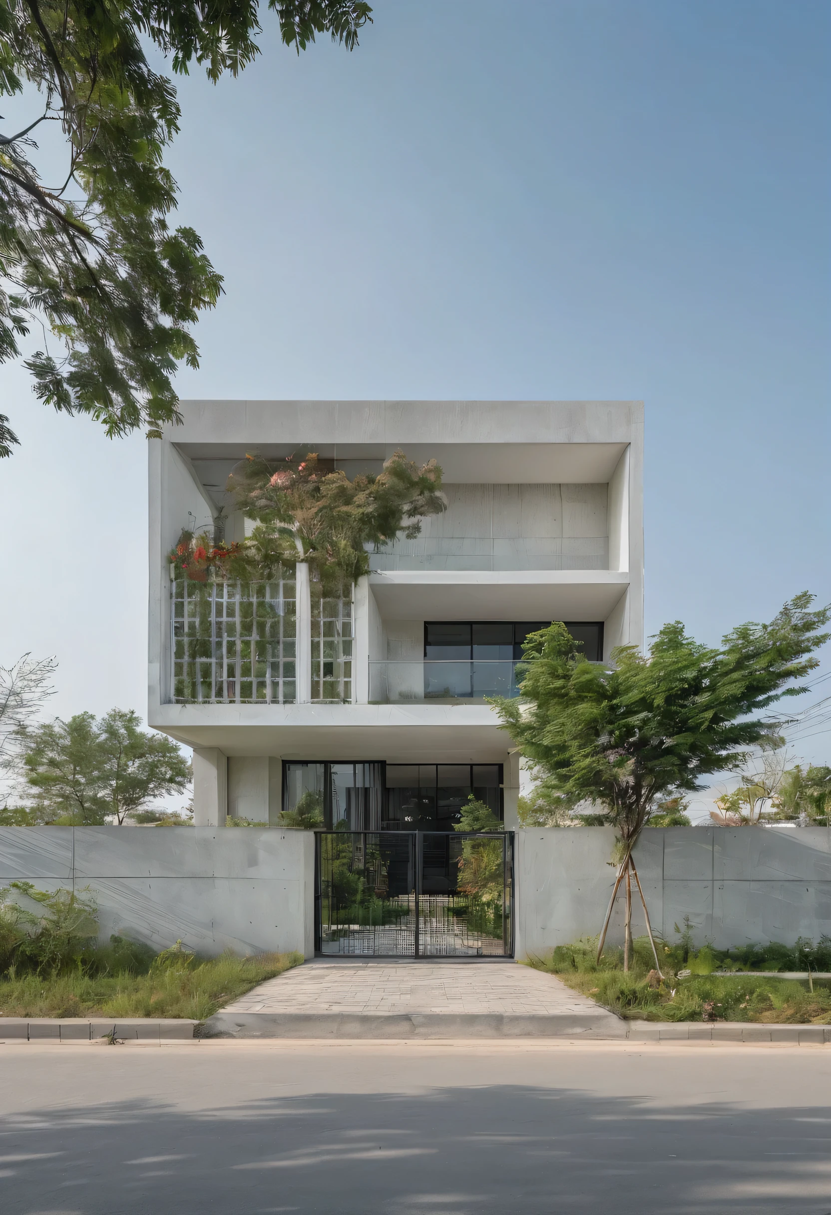 Raw photo,Masterpiece, high quality, best quality, authentic, super detail,
exterior, outdoors,Tuonghoagio,house, modern stytle, on the street,wind flower wall, glass windows, white wall,gate, metal railing
road,pavement, grass, trees, sky, (day:1.1)