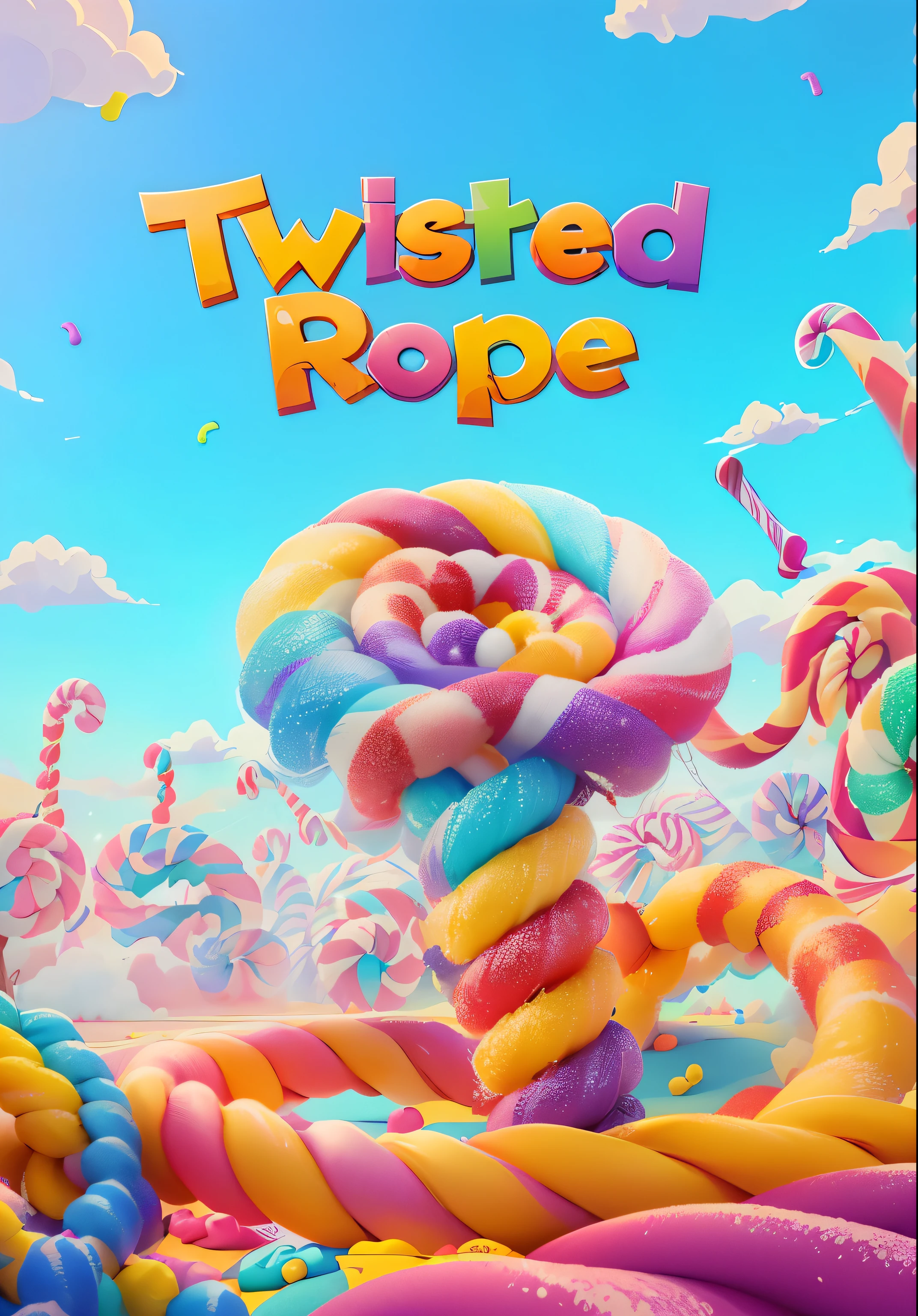 twisted rope is a game with a candy land theme, rope, lollipop, hanging rope, ropes, in style of cyril rolando, inspired by Cyril Rolando, official artwork, album art, candyland, candy land, rgp artwork, inspired by Olaf Rude, movie promotional image, official poster artwork, key art, made of candy and lollypops