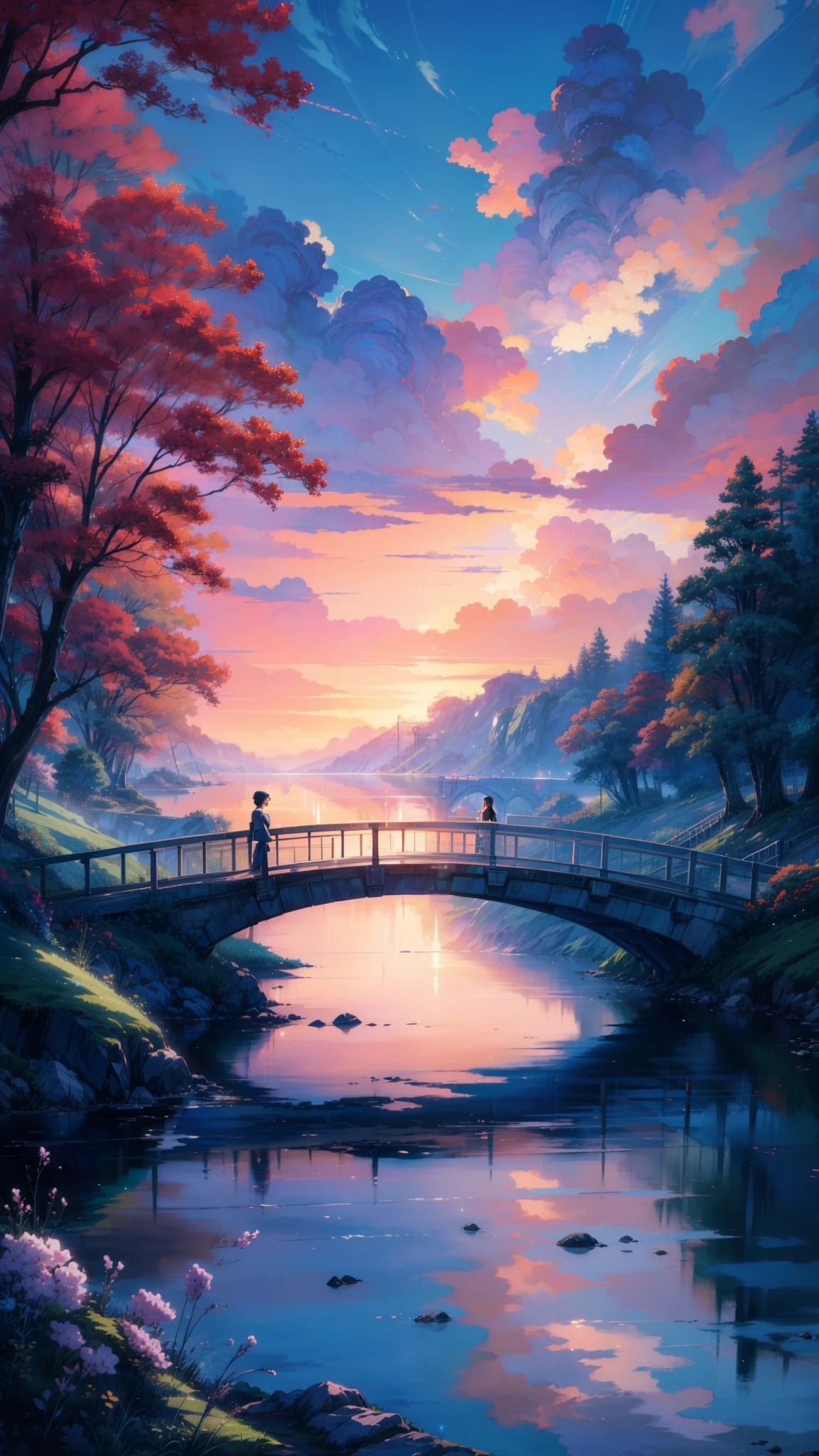 a painting of a bridge over a body of water, extraordinary sky, ross tran. scenic background, by sylvain sarrailh, anime nature wallpap, anime scenery, anime landscape, anime landscape wallpaper, anime beautiful peace scene, anime nature, scenery art detailed, anime scenery concept art, scenery artwork, dream scenery art, beautiful anime scenery, ross tran and makoto shinkai