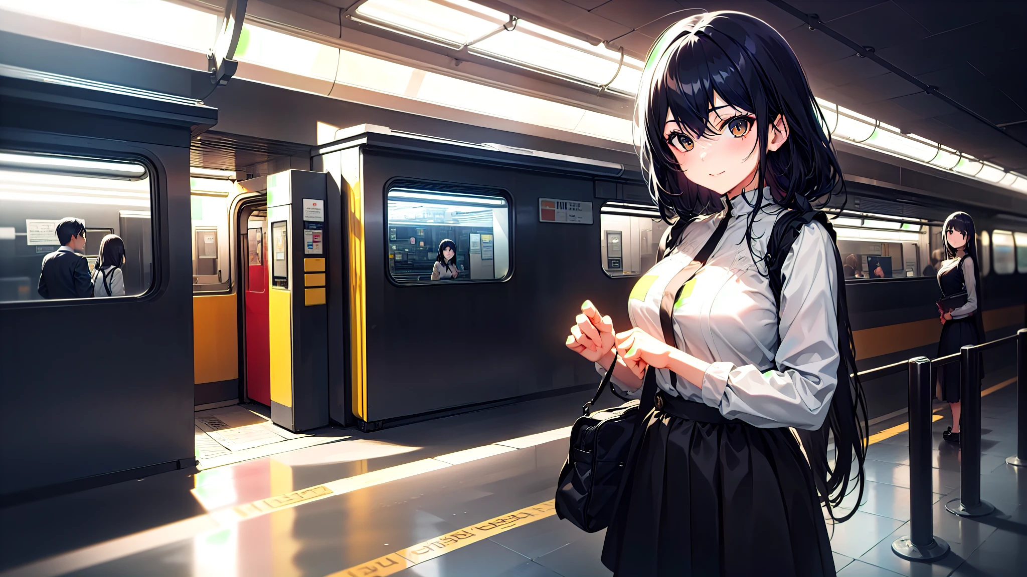 One woman、super quality、Station ticket gates、train、Woman with long black hair、Straight Hair、Nice body、Short skirt、Ultra HD、amazing