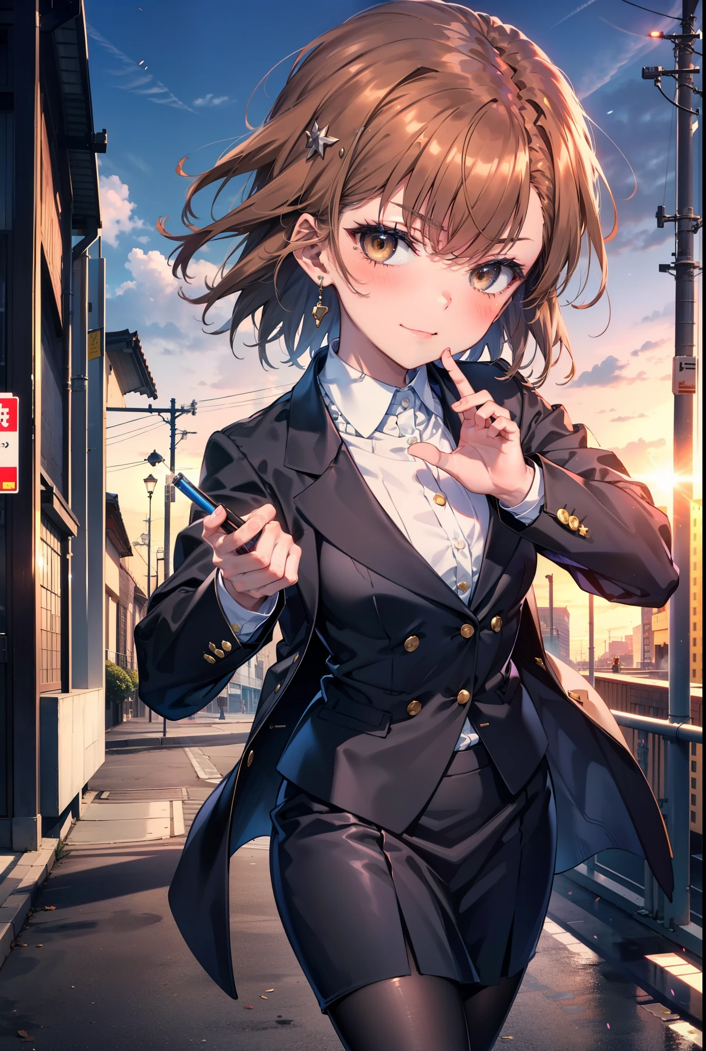 8k,highest quality,masterpiece,(((Pixel Perfect, Perfect in every detail))), 一peopleで, 女の子1people, ,Mycotrose, Brown eyes,Brown Hair,short hair,blush,happy smile, smile, Open your mouth,OL, Black suit jacket, Collared jacket, White dress shirt, Collared shirt, Neckline, button, Black pencil skirt, Black pantyhose,Stiletto heels,sunset,evening,The sun goes down,walking,whole bodyがイラストに入るように,
break outdoors, Building district,crowd, people々々々々,
break looking at viewer, whole body,
break (masterpiece:1.2), highest quality, High resolution, unity 8k wallpaper, (shape:0.8), (Beautiful details:1.6), Highly detailed face, Perfect lighting, Extremely detailed CG, (Perfect hands, Perfect Anatomy),