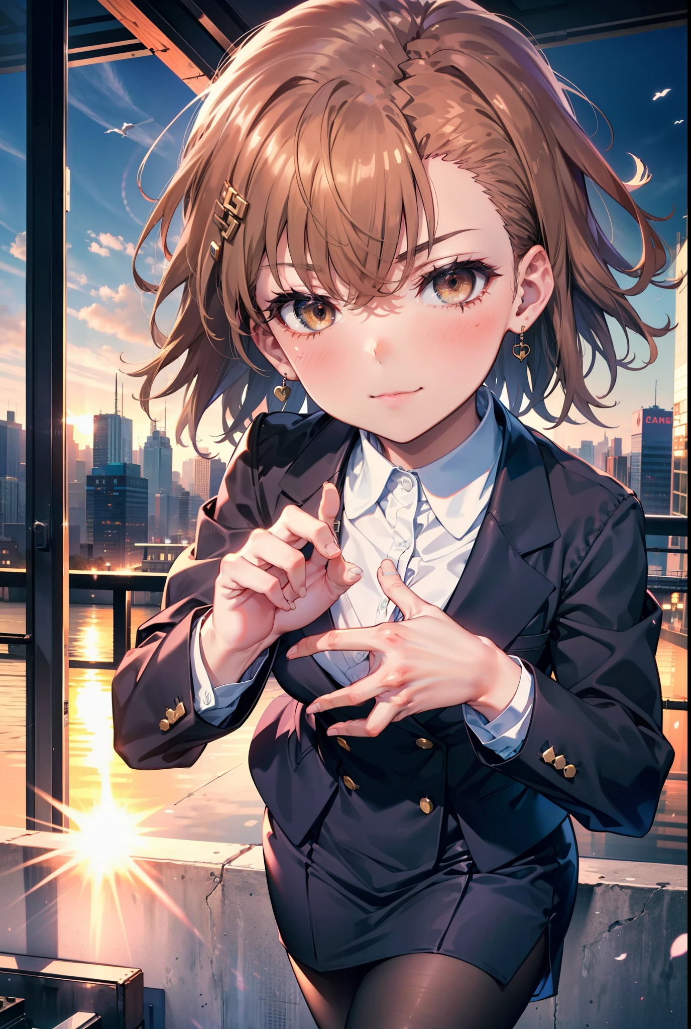 8k,highest quality,masterpiece,(((Pixel Perfect, Perfect in every detail))), 一peopleで, 女の子1people, ,Mycotrose, Brown eyes,Brown Hair,short hair,blush,happy smile, smile, Open your mouth,OL, Black suit jacket, Collared jacket, White dress shirt, Collared shirt, Neckline, button, Black pencil skirt, Black pantyhose,Stiletto heels,sunset,evening,The sun goes down,walking,whole bodyがイラストに入るように,
break outdoors, Building district,crowd, people々々々々,
break looking at viewer, whole body,
break (masterpiece:1.2), highest quality, High resolution, unity 8k wallpaper, (shape:0.8), (Beautiful details:1.6), Highly detailed face, Perfect lighting, Extremely detailed CG, (Perfect hands, Perfect Anatomy),