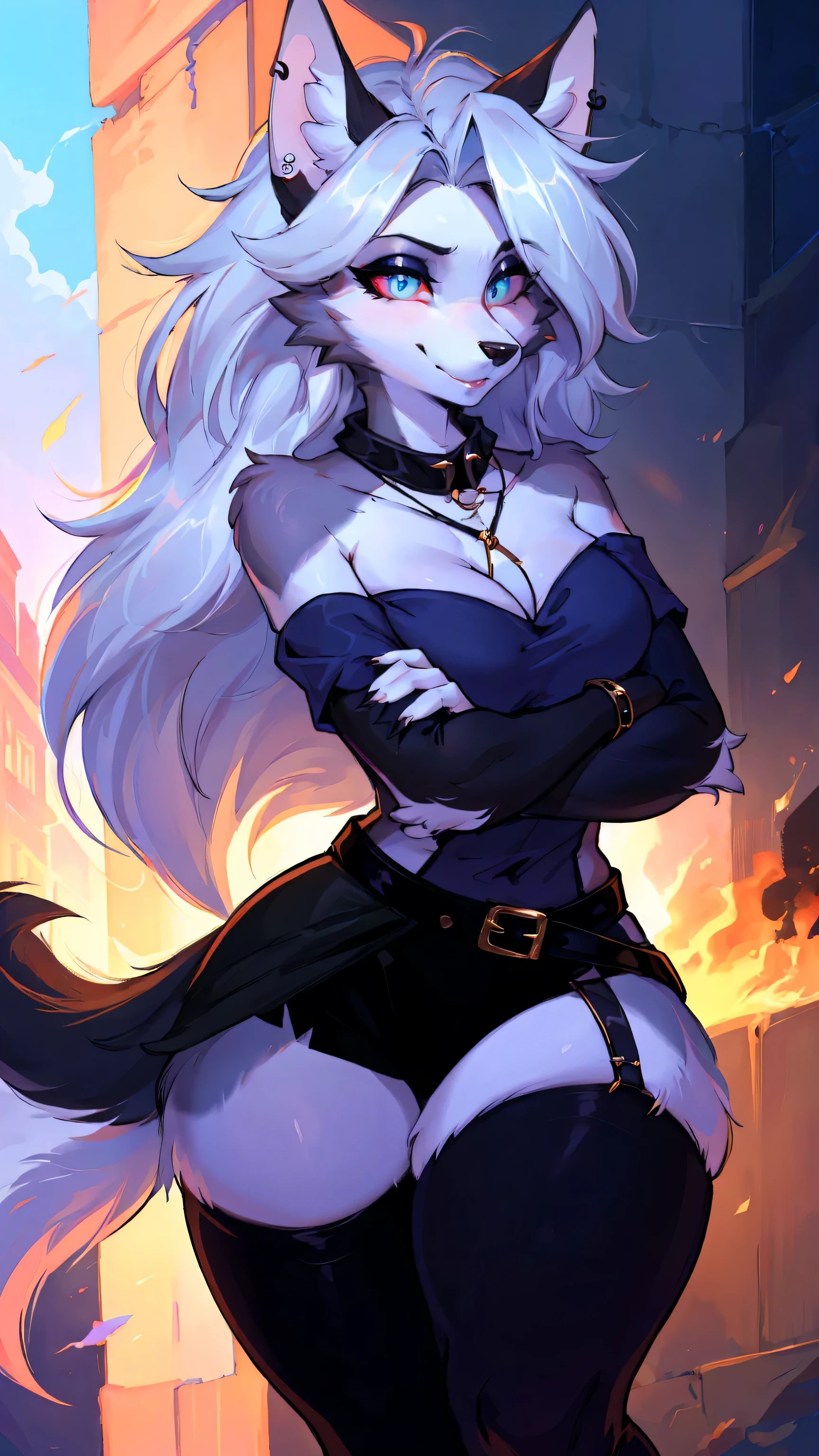 cute,furry_girl,wolf_girl,Elegant figure,Model's body_type,detailed_eyes,silver_hair,cute_ears,wolf_ears,black robe,leggings,fluffy_furs,earrings,upper body,stocking with garterbelt,neck garter,(perfect detailed eyes:1.5),jewelry, blank eyes,brooch,smiling,(front:1.5),(furry:1.5),long lashes,flowy chiffon,well-proportioned figure,(thick thighs:1.1),perfectly high-detail facial features,(perfect detailed eyes:1.5),silky long hair,masterpiece, best quality, Ultra-high quality, Ridiculous details,(best quality,4k,8k,highres,masterpiece:1.2),ultra-detailed