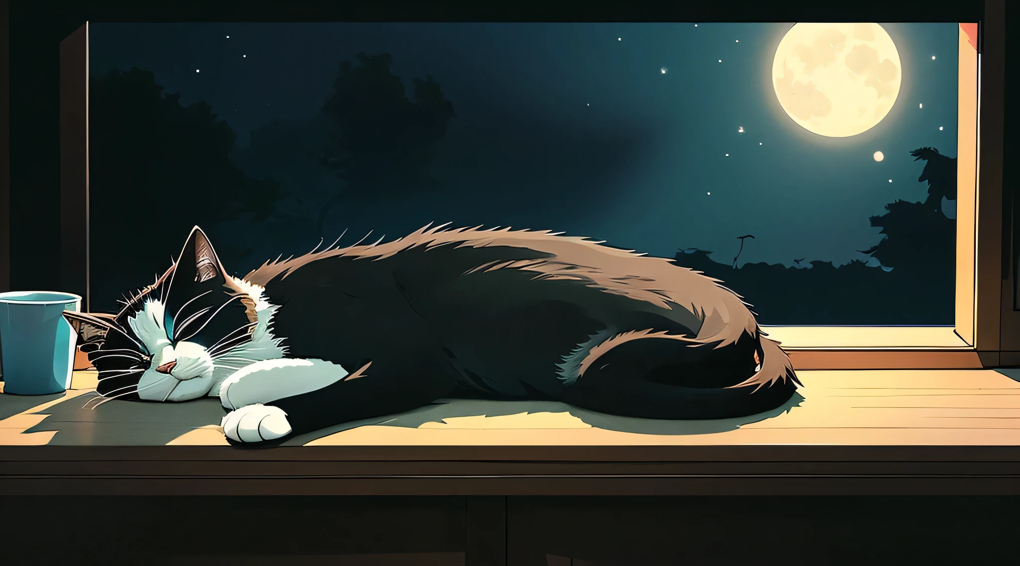 Late Night,Dark Room,A cool cat is sleeping on a desk。Anime character style。In the style of illustrations。