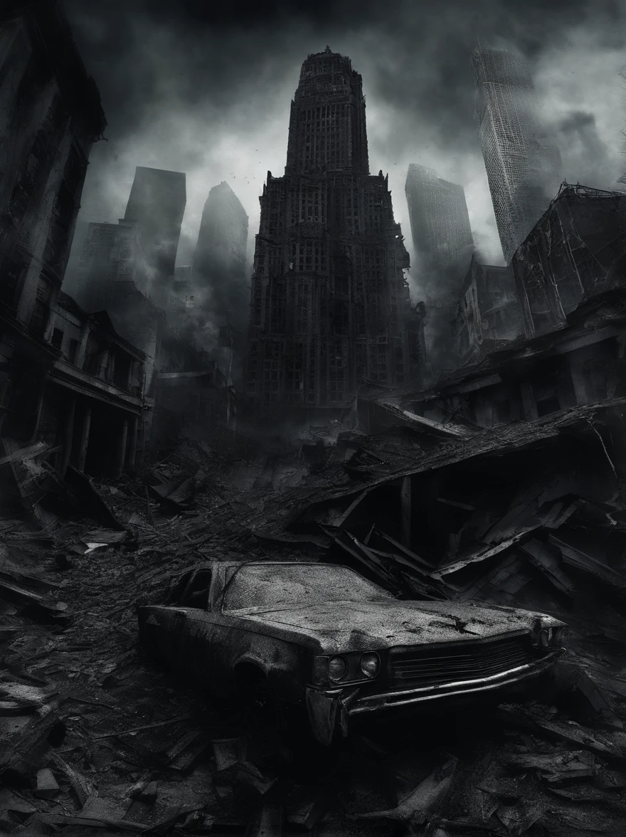 Highest image quality, precise images, a huge earthquake occurs, roads are cracked, skyscrapers are collapsed, cars are overturned, the overall situation is dark and miserable.