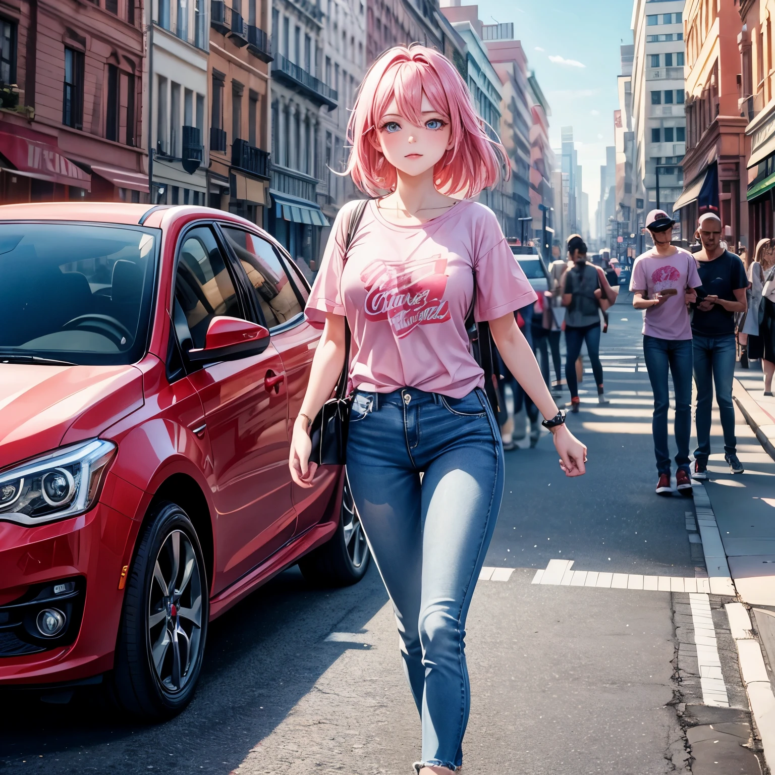 Visual flow of a beautiful woman walking down the street, Her pink T-shirt and faded blue jeans sparkled in the sun., A red car passing by in the background, And the glittering world.