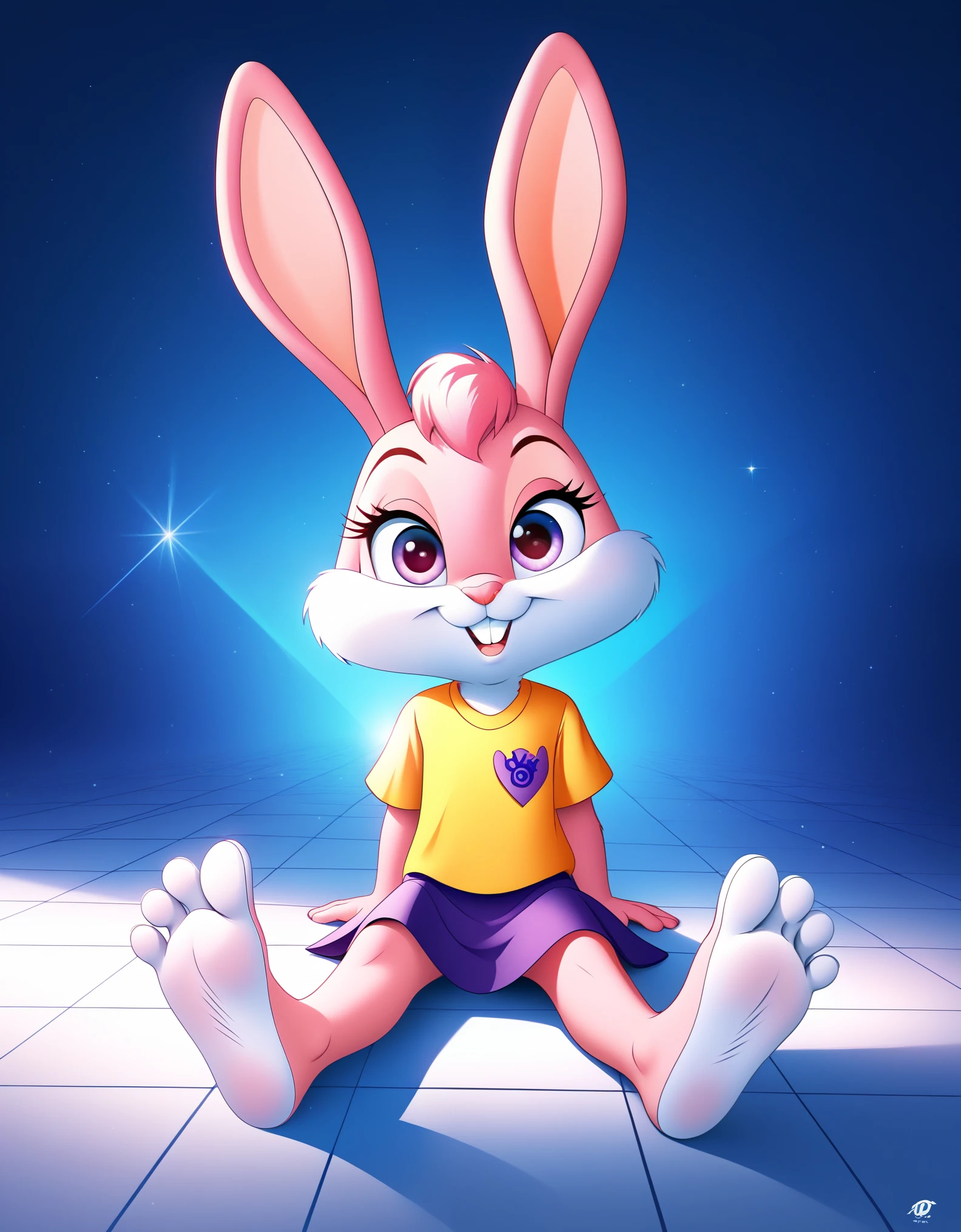 score_9, score_8_up, score_7_up, source_furry, rating_safe, concept art solo, cute, cub, Babs, bunny, girl, sly expression, Pink eyelids, rabbit teeth, pink nose, pink body, pink head, pink ears, pink legs, white cheeks, white feet, white tail, ears drooping, lop-eared, yellow T-shirt, purple skirt, purple bows on the ears, modest, thoughtful, naive, (((sitting on floor))), (((focus on feet))) feet facing viewer, (((showing soles))) erotic pose,Perspective)),(Full-Length Shot:1.3),(Cinematic:1.3), (AS-YoungV2:1.3),
masterpiece, high quality, best quality, manga style, anime style, 8k, 4k, texture, intricate, detailed background, 3d fluffy, long fuzzy fur, glow effect, particle effects, light particles, dramatic, hot body, body blush,
solo, solo focus, pov, looking at viewer