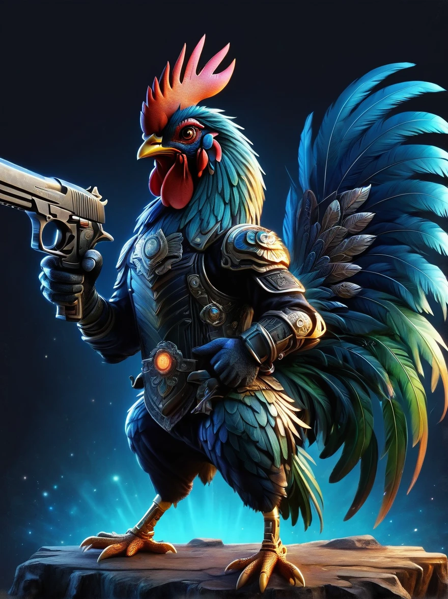 (personification:1.5)，(Vision:1.5)，(whole body)，(Animated image of a rooster holding two pistols)，The rooster shows a fearless expression，Hold the gun tightly，Its feathers are vibrant multi-colored hues，The pistol is black and silver，The background is a simple and rustic rural environment，Rolling hills and clear blue skies