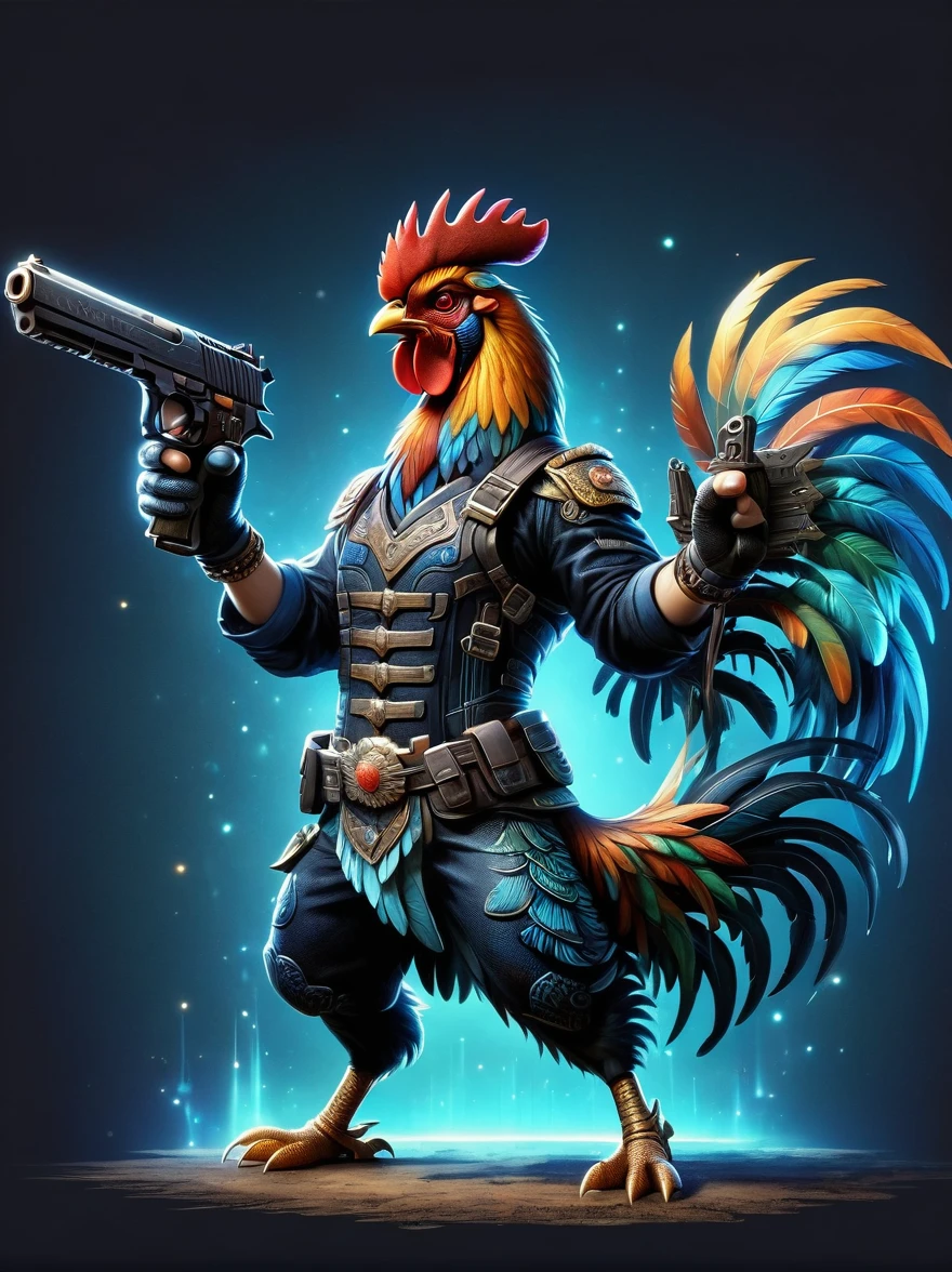 (personification:1.5)，(Vision:1.5)，(whole body)，(Animated image of a rooster holding two pistols)，The rooster shows a fearless expression，Hold the gun tightly，Its feathers are vibrant multi-colored hues，The pistol is black and silver，The background is a simple and rustic rural environment，Rolling hills and clear blue skies