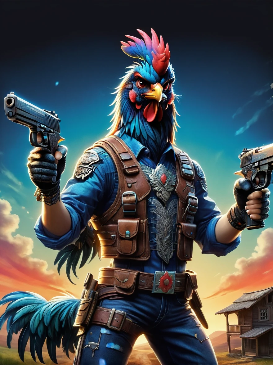 (personification:1.5)，(Vision:1.5)，(whole body)，(Animated image of a rooster holding two pistols)，The rooster shows a fearless expression，Hold the gun tightly，Its feathers are vibrant multi-colored hues，The pistol is black and silver，The background is a simple and rustic rural environment，Rolling hills and clear blue skies