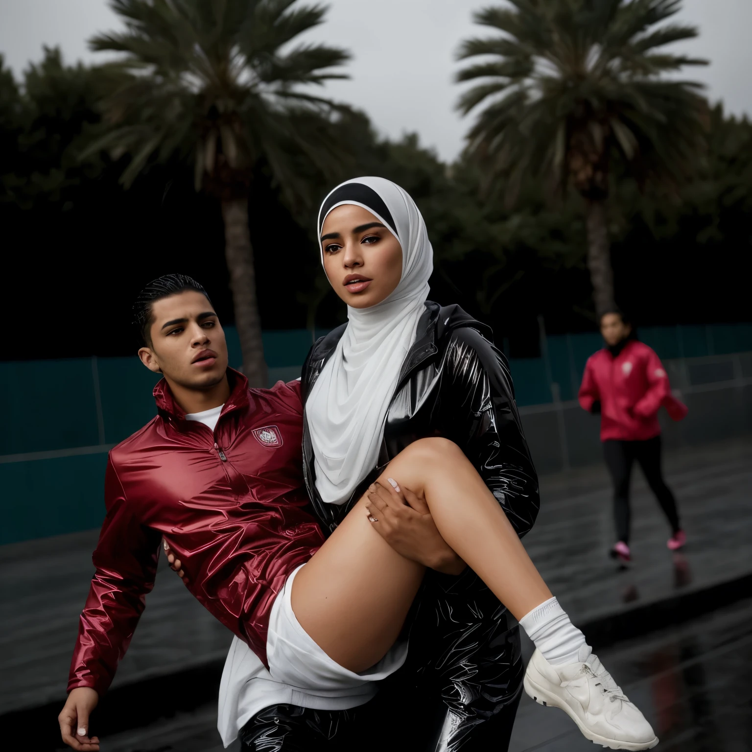 a desparated arab muslim hijabi-girl is standing in a laquered and very shiny quilted coat and carries a man in matte sportswear in her arms, a shouting arab muslim-woman carries a man in dull sportswear, a woman carries in her arms a male soccer player in cotton sportswear, rainy weather, rainfall, humid, girl carries guy, lift and carry, an excessively madeup arab veiled girl in a high-shine wet black latex downcoat, a soccer scene, a soccer injury, first aid carry at a soccer match, a young madeup latino-girl in a shiny black vinyl downjacket, a madeup arab girl in a shiny plastic-downcoat, a very sad and desperately crying latino-girl, an intensely madeup latino-girl in a glossy black vinyl-downcoat, latino-girl with lipstick, muslima-girl with smoky eyes, dramatic action pose, woman that is carrying a skinny shorthaired man, there is a beautiful woman in a shiny coat who is carrying a shorthaired blond man in her arms, a longhaired beautiful woman in a high-shine black puffy coat, a longhaired woman in a shiny downcoat, a woman is carrying a shorthaired man who is wearing black shorts, a weak shorthaired man in black shorts is consciousless and needs to be carried, a shorthaired man with closed eyes is carried in the arms of a longhaired latino-woman, a latino-woman looks very scared and terrified, a consciousless shorthaired man with closed eyes is suffering very much and has a very painful face, photo, photo shoot, photographed, arafed man being carried by a woman, very realistic, very very realistic, hyper-realistic, hyper - realistic, hyper realistic, jacket over bare torso, very disturbing, very hyperrealistic, super realistic, hyperrealistic!, extremely realistic, very very very realistic, super-realistic realistic, super-realistictic!, extremely realistic, very very very realistic, super-realistic realistic, super-realistic, veiled arab woman's face, a completely matte and very dull cotton fabric soccer jersey on a male shaped torso