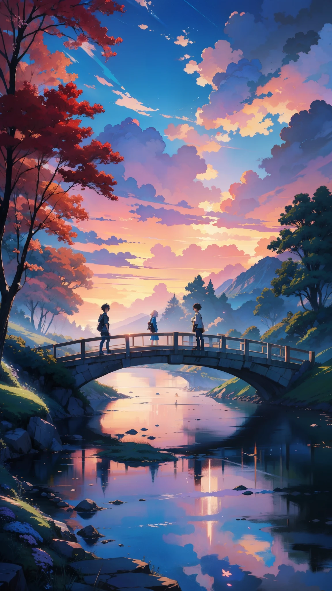 a painting of a bridge over a body of water, extraordinary sky, ross tran. scenic background, by sylvain sarrailh, anime nature wallpap, anime scenery, anime landscape, anime landscape wallpaper, anime beautiful peace scene, anime nature, scenery art detailed, anime scenery concept art, scenery artwork, dream scenery art, beautiful anime scenery, ross tran and makoto shinkai