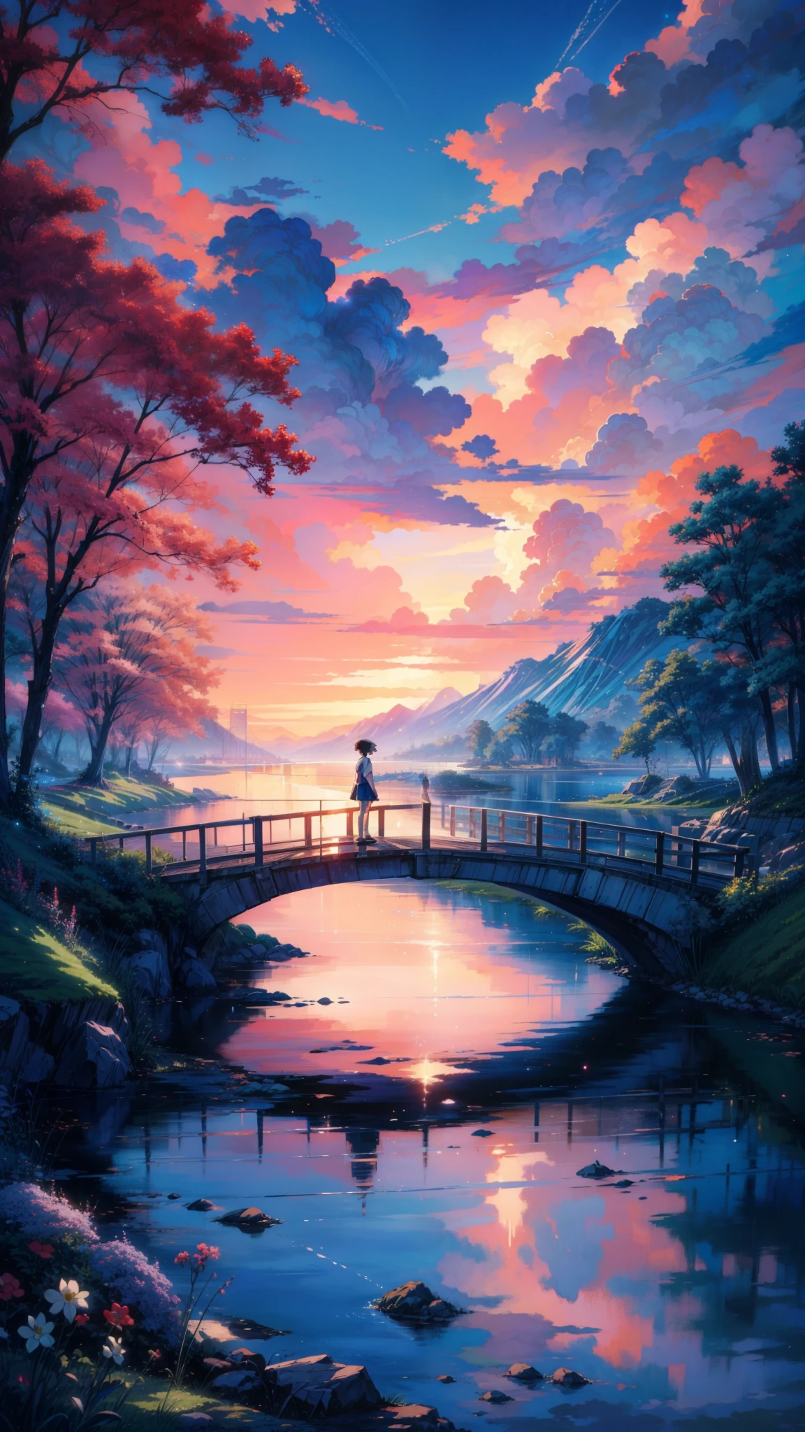 a painting of a bridge over a body of water, extraordinary sky, ross tran. scenic background, by sylvain sarrailh, anime nature wallpap, anime scenery, anime landscape, anime landscape wallpaper, anime beautiful peace scene, anime nature, scenery art detailed, anime scenery concept art, scenery artwork, dream scenery art, beautiful anime scenery, ross tran and makoto shinkai