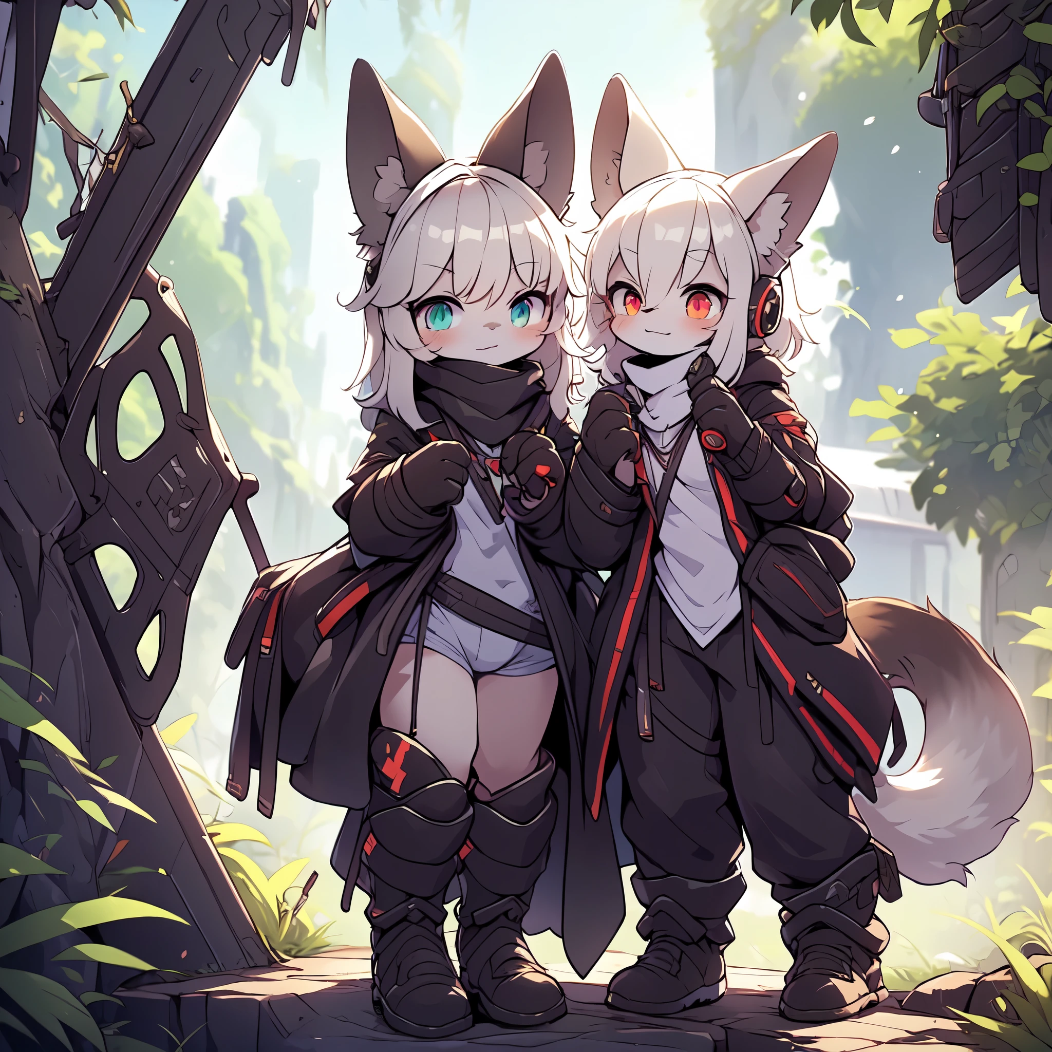 Kawaii, Striped Fluffy Fox, emaciated, long hair, 3girls, artificial synthetic skin, life support prosthetics, digital headphones, black tight latex bodysuit, white long dress, thigh-high-socks, shorts, loose off-the-shoulder hood open jacket, holsters in thigh, Mechanical boots, tactical knee pads, tactical belted loose Arm Sleeves, cybernetic Display gloves, chest rigs, tactical belts, blue archive halo, bulletproof goggles on forehead, from Ark nights, ray tracing, depth of field, bloom, masterpiece, ccurate, high details, highres
