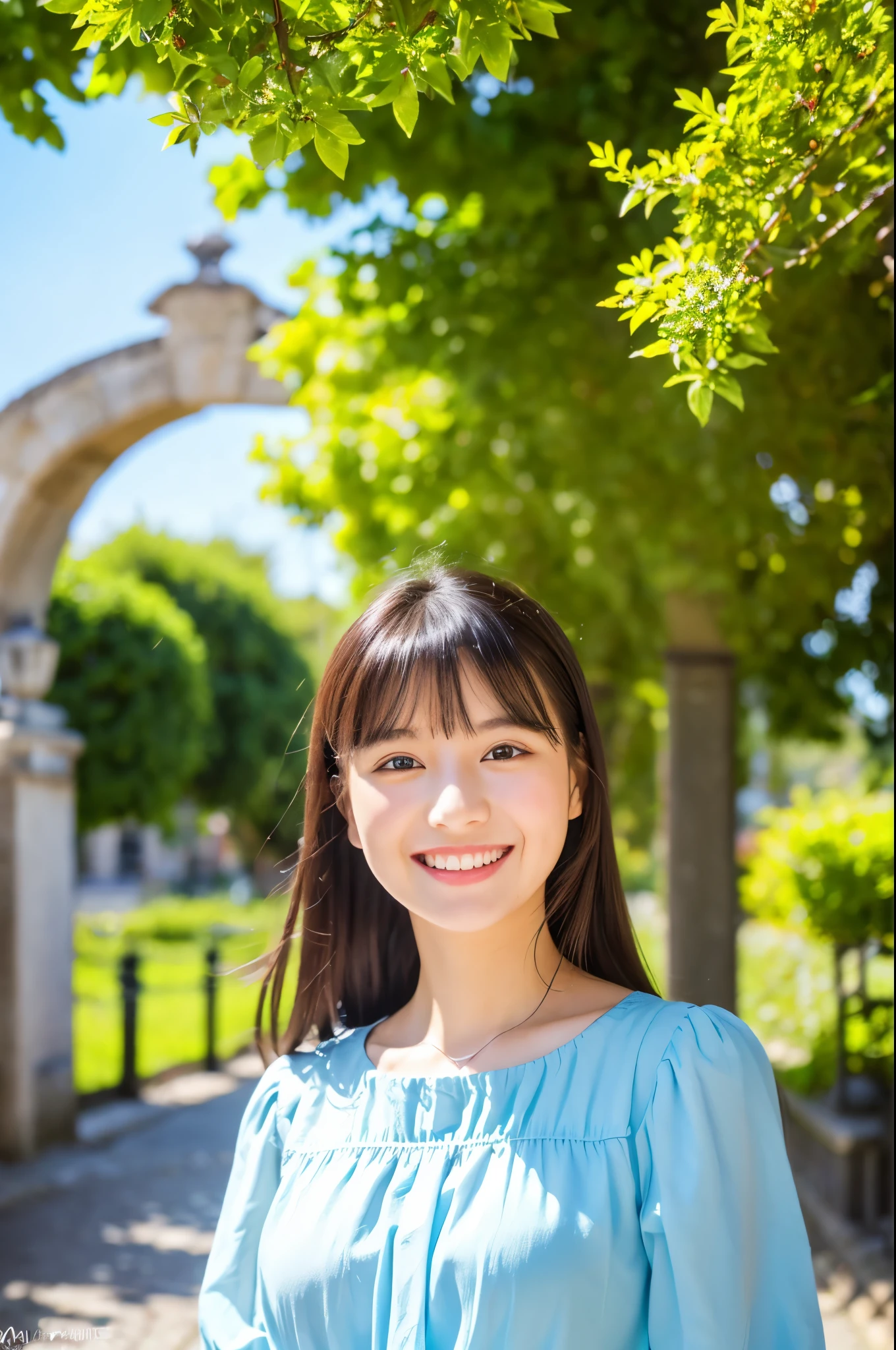 (best quality,8k,ultra-detailed,masterpiece:1.2),cute girl,1girl,blouse,fringe,smiling,white teeth,symmetrical eyes,in front of the university gate,soft sunlight,green trees,flowering bushes,stone pathway,clean and tidy surroundings,vibrant colors,peaceful atmosphere,classic architecture,clear blue sky