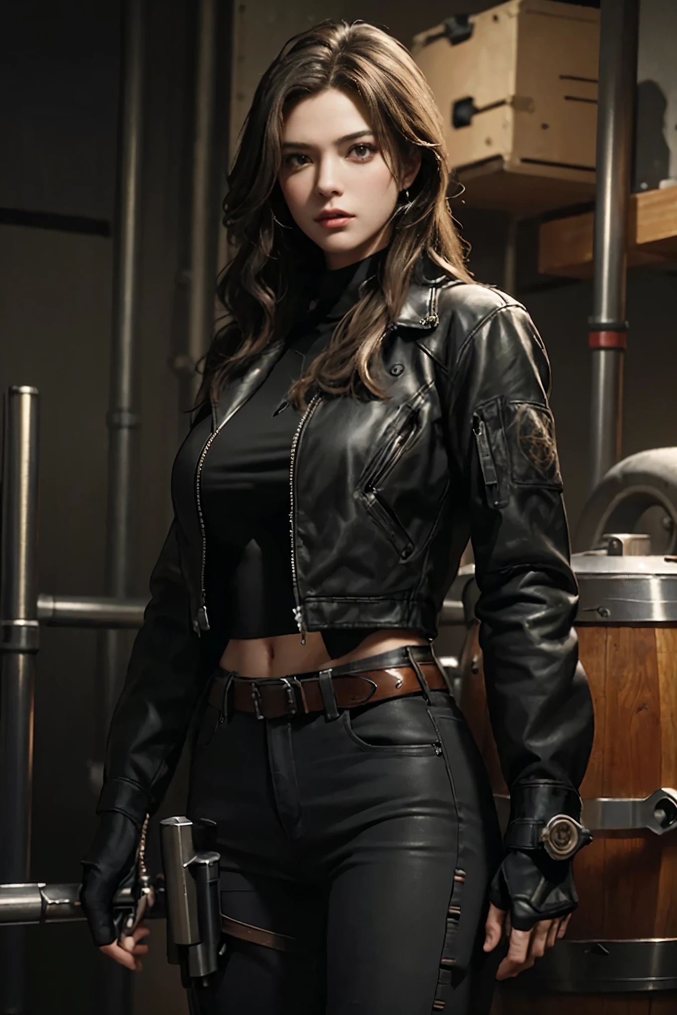 photo of (r1tahayw0rth:0.99), a beautiful woman, perfect long hair, smiling, closeup portrait, (modern photo, Lightsaber Green Faux leather biker jacket with metallic accents and a cropped length), 85mm, (analog, cinematic, film grain:1.3), (Futuristic dystopian city viewpoint with AI-controlled media censorship:1.2), detailed eyes, (seductive pose), painted lips, eyeliner, (epicPhoto), (looking at viewer), painted lips, necklace, (cinematic shot:1.3)
